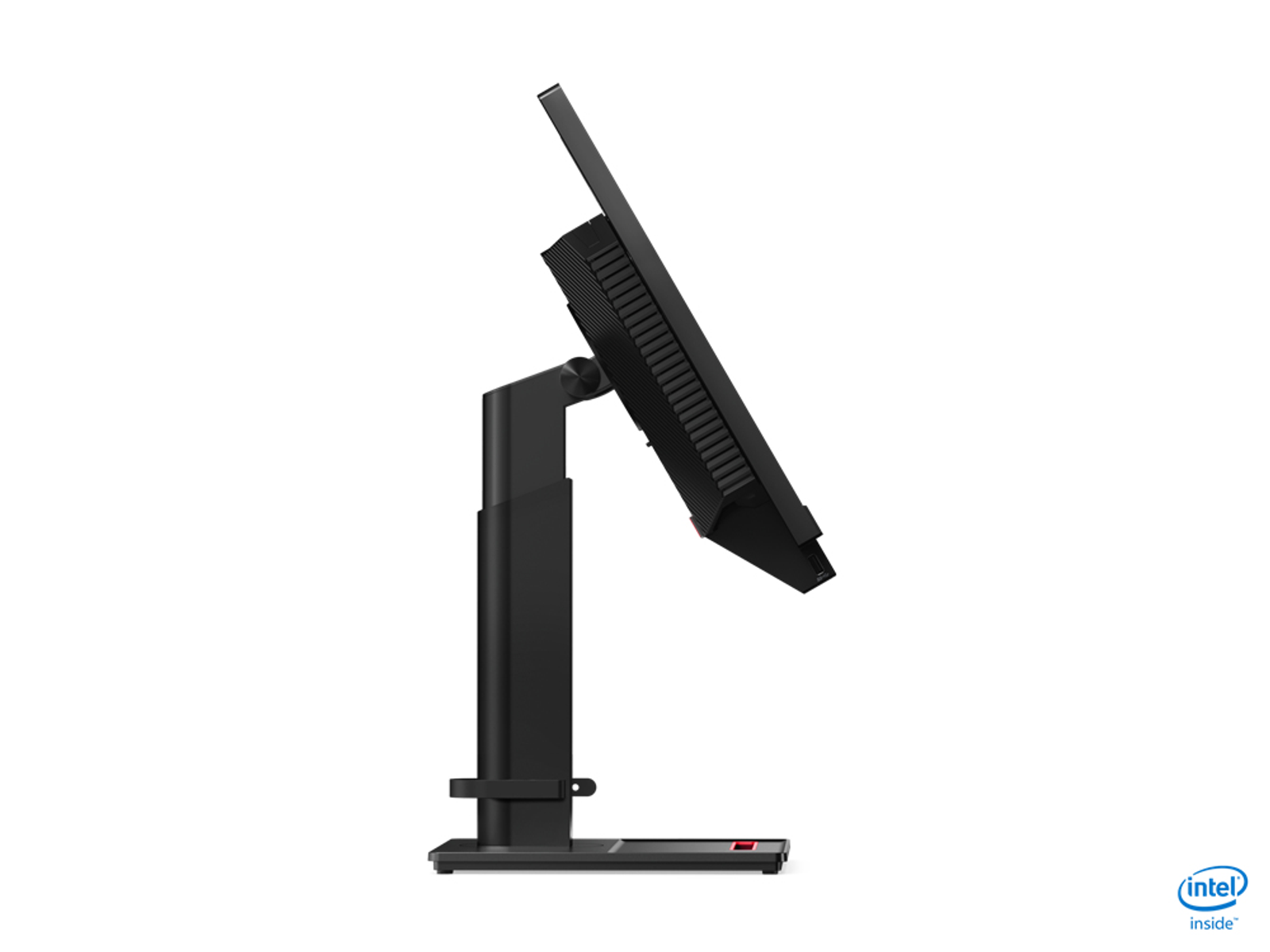 Un monitor per computer nero con supporto, visto di lato. Lo schermo è inclinato verso l'alto.