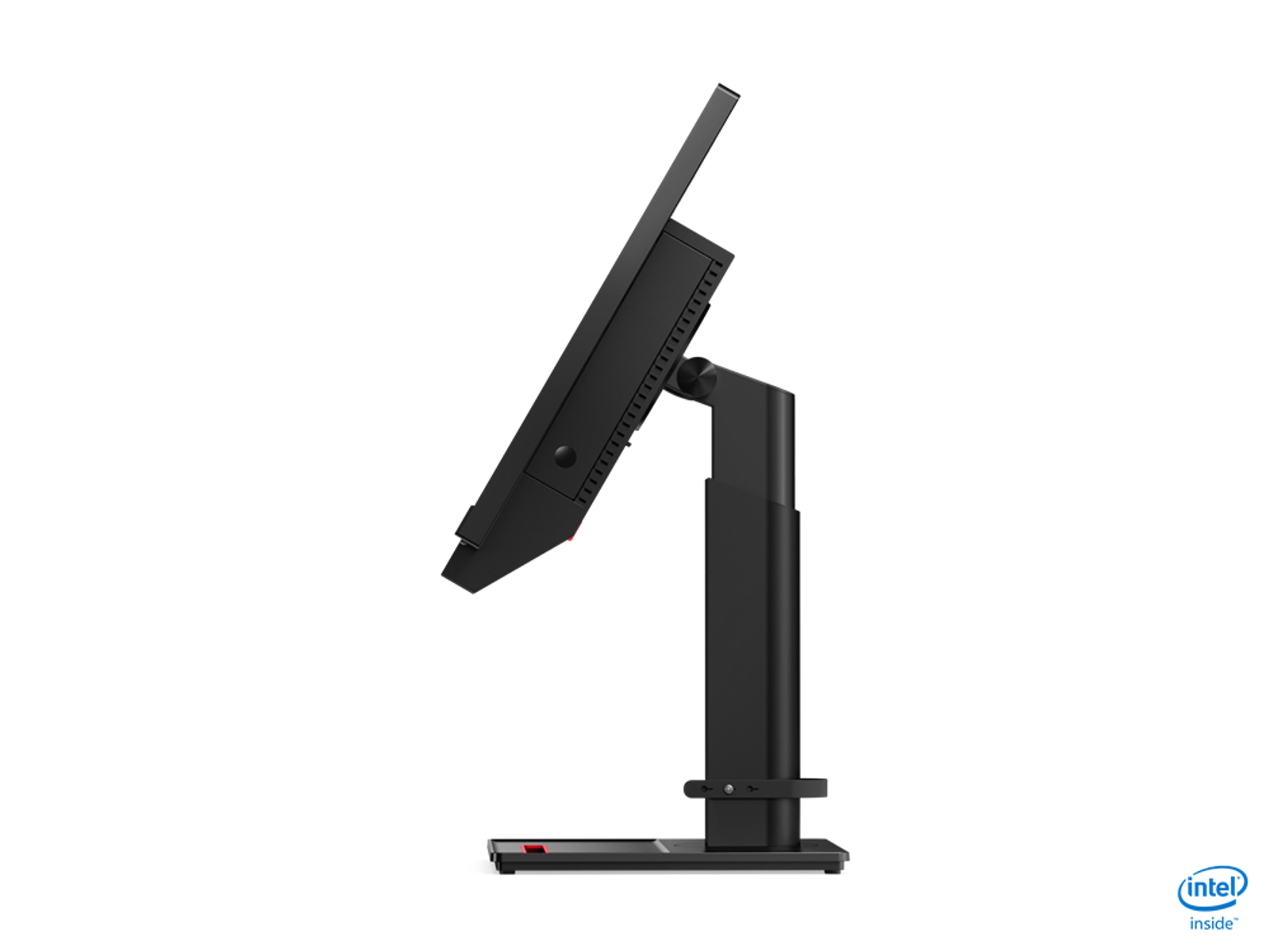 Vista laterale di un monitor per computer nero con supporto.