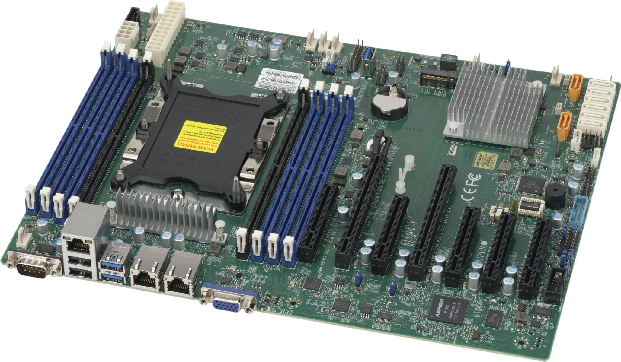 Scheda madre verde con slot RAM, porte e vari componenti integrati.