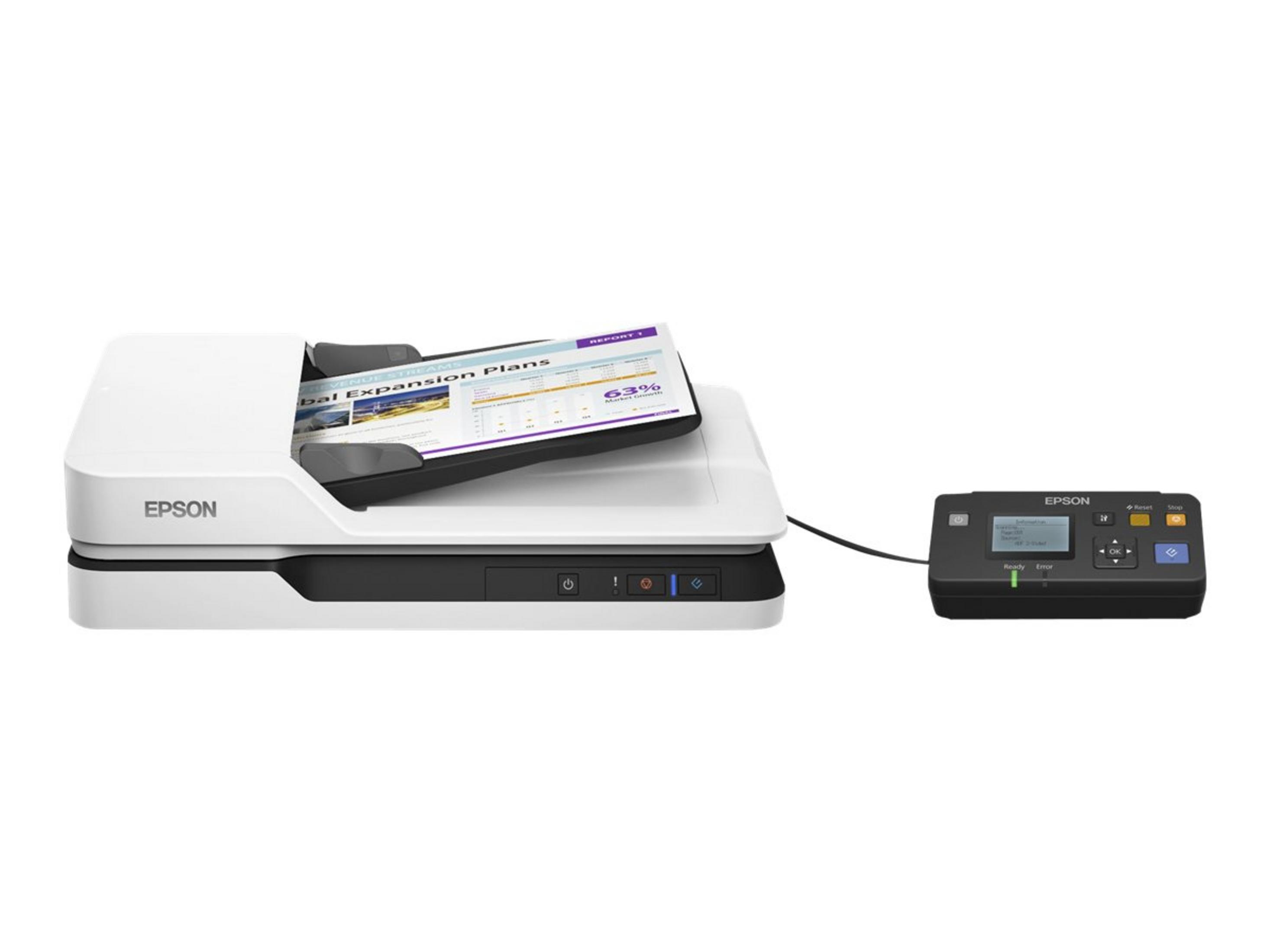 Scanner Epson bianco con un documento sul vetro, collegato a un pannello di controllo nero.