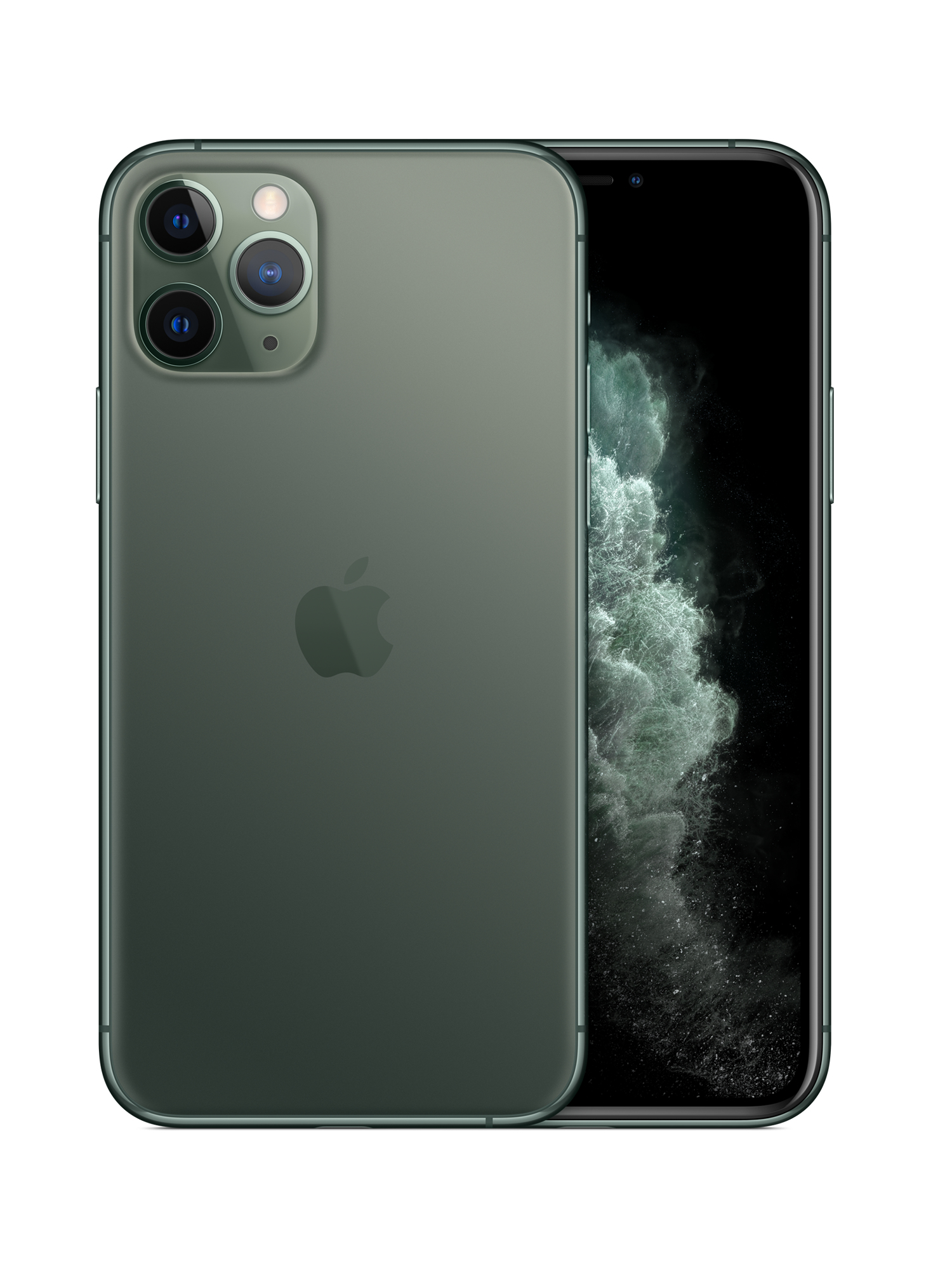 Ein olivgrünes iPhone 11 Pro mit Apple-Logo auf der Rückseite und Bildschirm.
