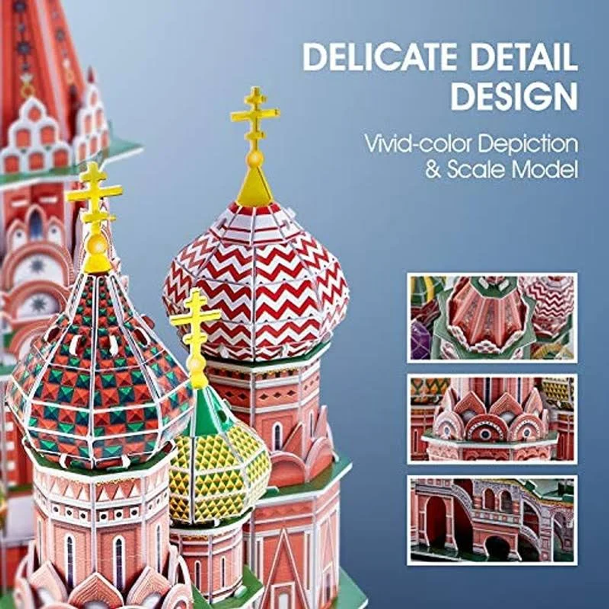 Buntes Puzzle der Basilius-Kathedrale. Text: Delicate Detail Design, Vivid Depiction.