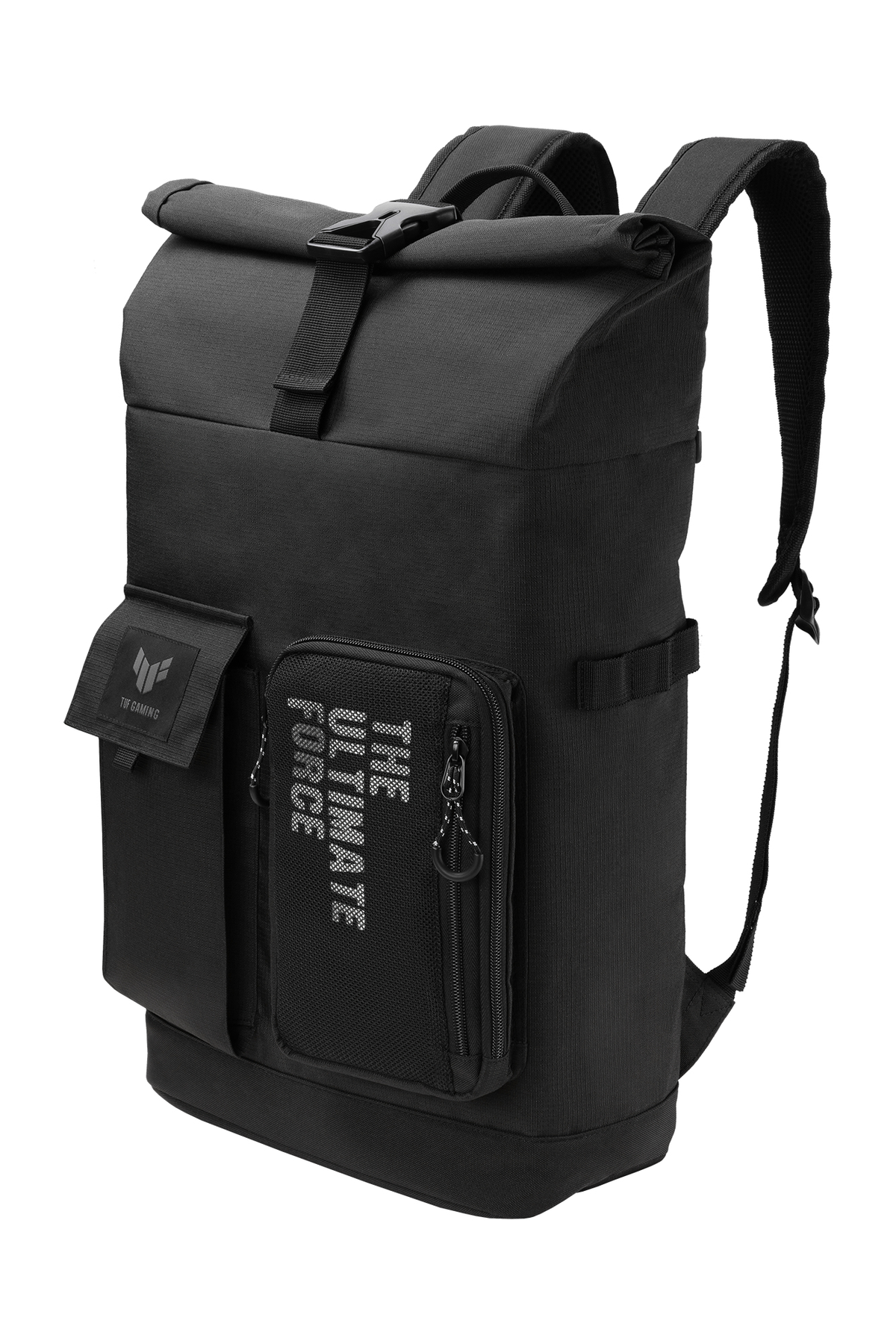 Uno zaino nero con chiusura arrotolabile, tasche e un logo stampato.