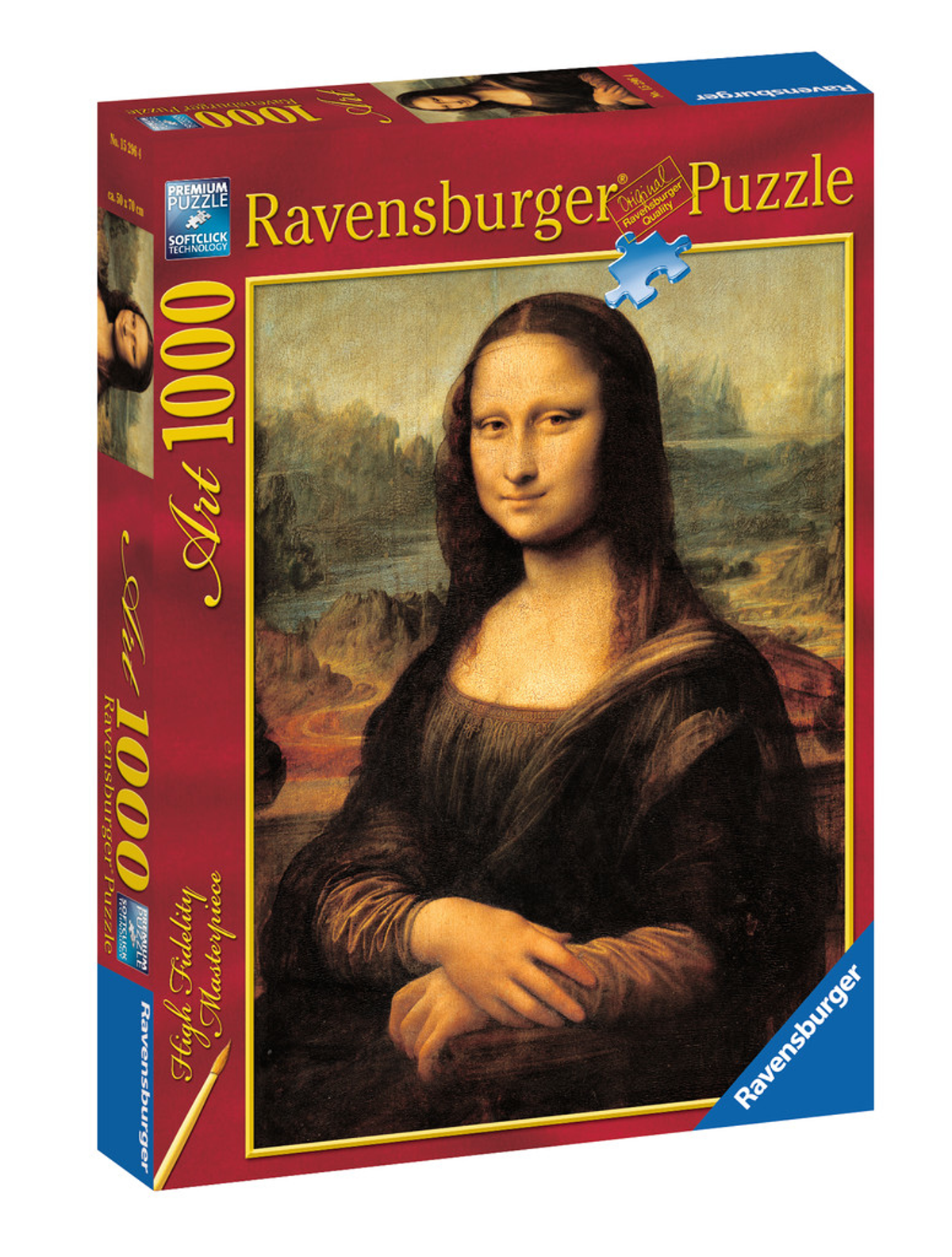Pudełko z puzzlami Mona Lisa. Białe tło.