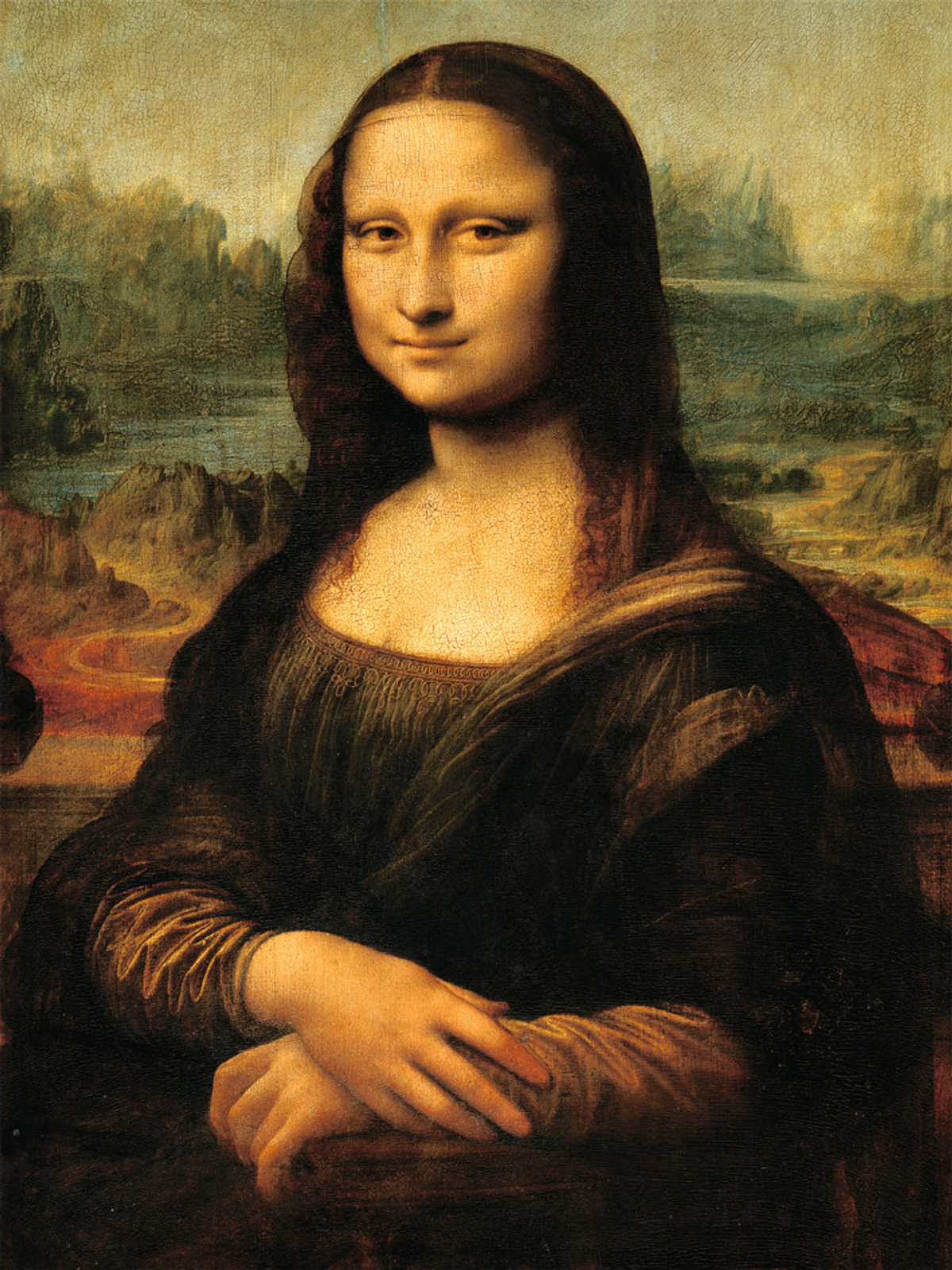Obraz Mona Lisa, portret półpostaci, kobieta z lekkim uśmiechem.