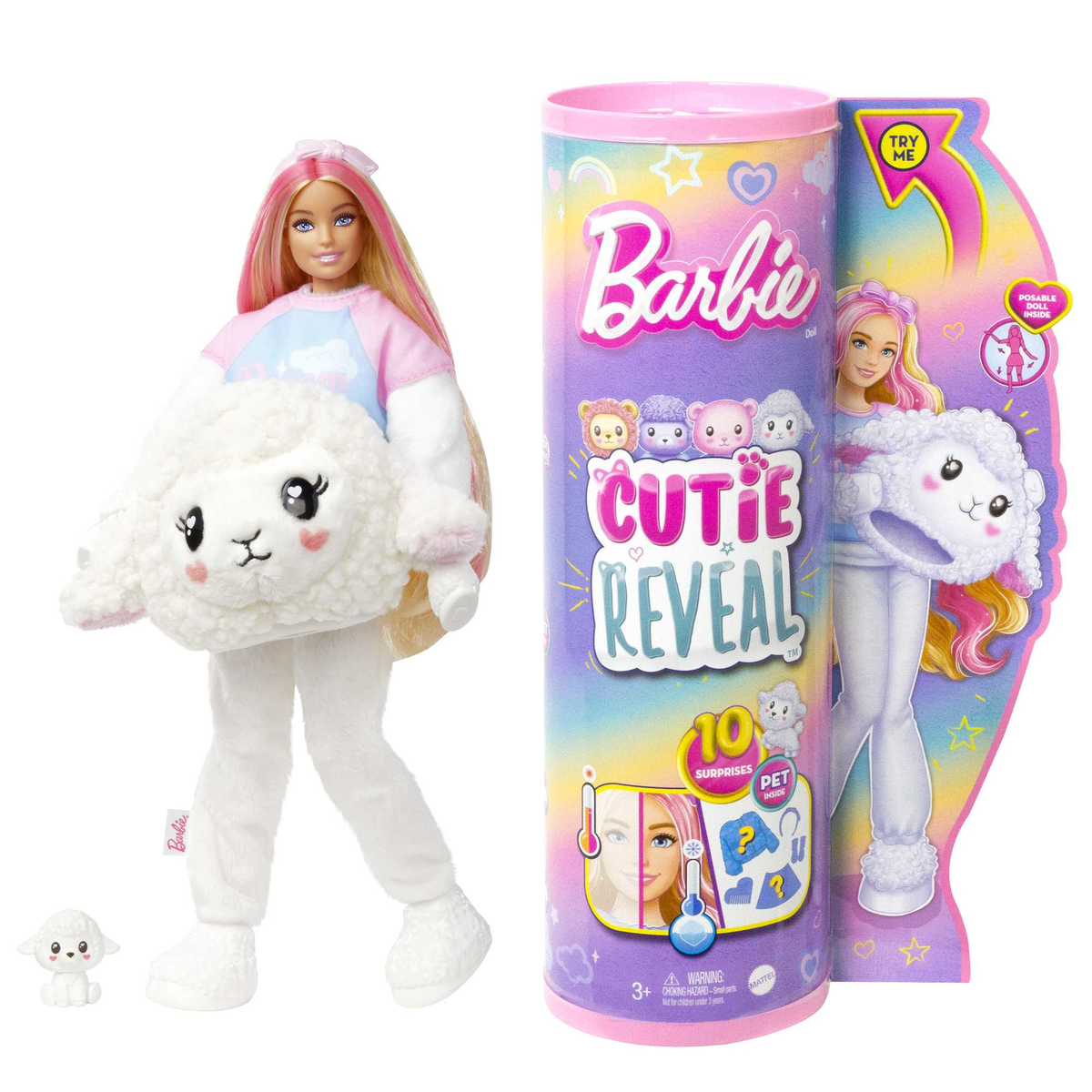 Lalka Barbie w kostiumie owcy i zabawka owca, plus pudełko Barbie Cutie Reveal.