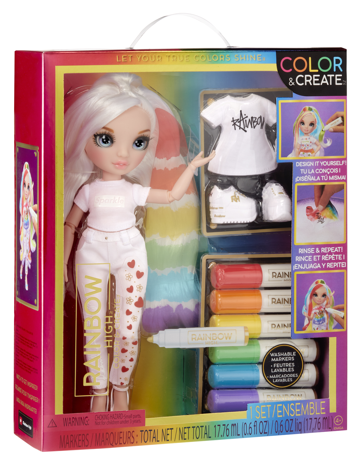 Muñeca en caja con atuendo blanco, rotuladores y texto: 'COLOR & CREATE'.