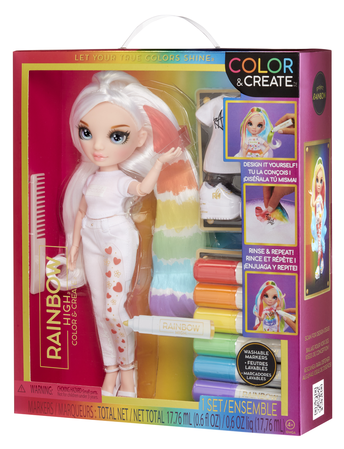 Una caja de muñeca Rainbow High con una muñeca, accesorios e instrucciones. Muestra una muñeca con pelo y modas arcoíris.