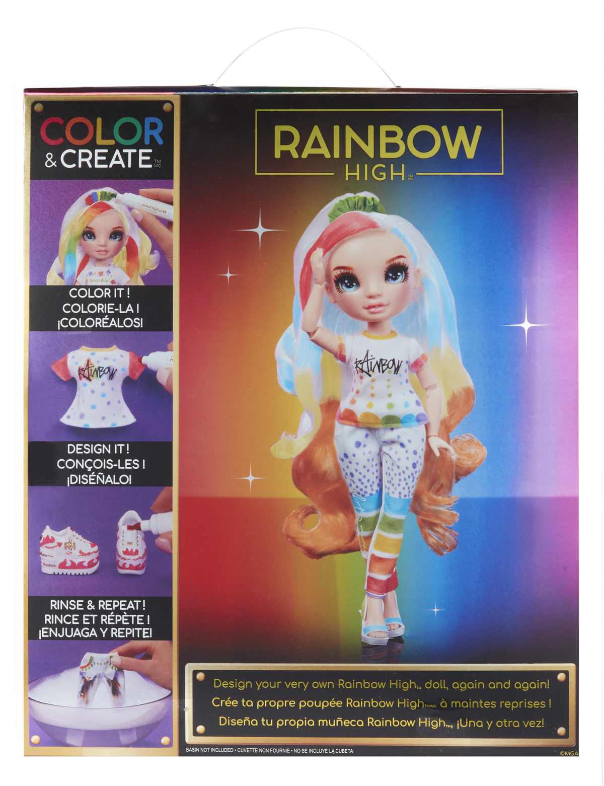 Parte trasera de la caja de una muñeca Rainbow High, mostrando la muñeca e instrucciones.