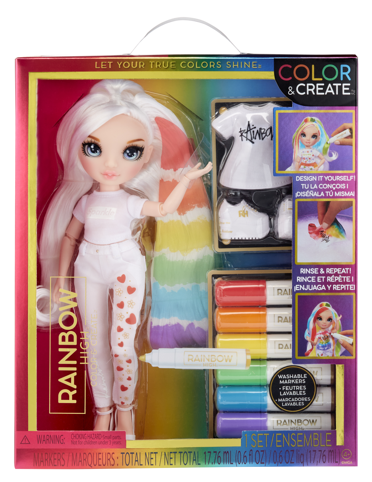 Muñeca con atuendo blanco, fondo arcoíris, rotuladores y una caja.