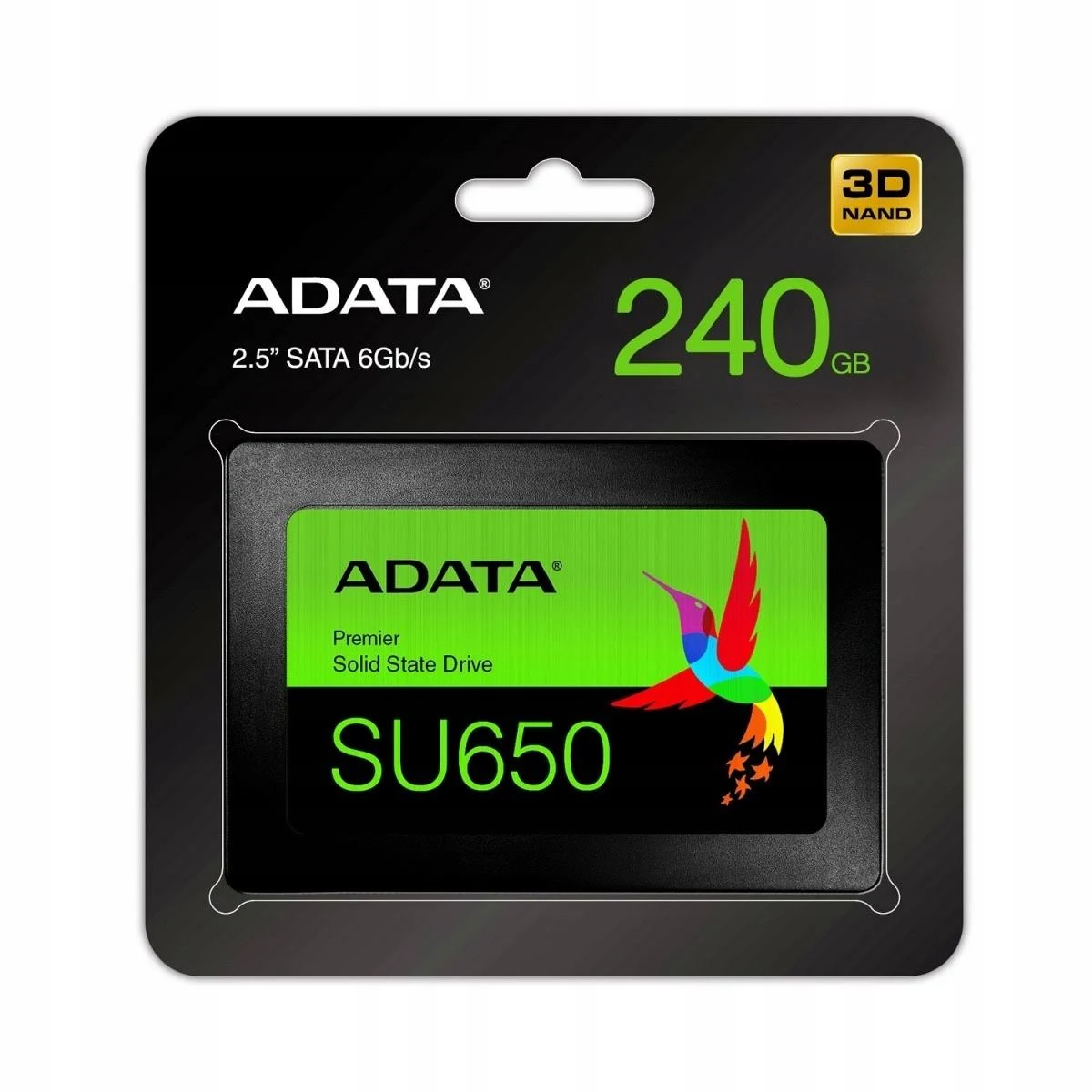 Dysk SSD ADATA SU650 240GB w opakowaniu. Dysk SSD jest czarny z grafiką ptaka na zielonym tle.