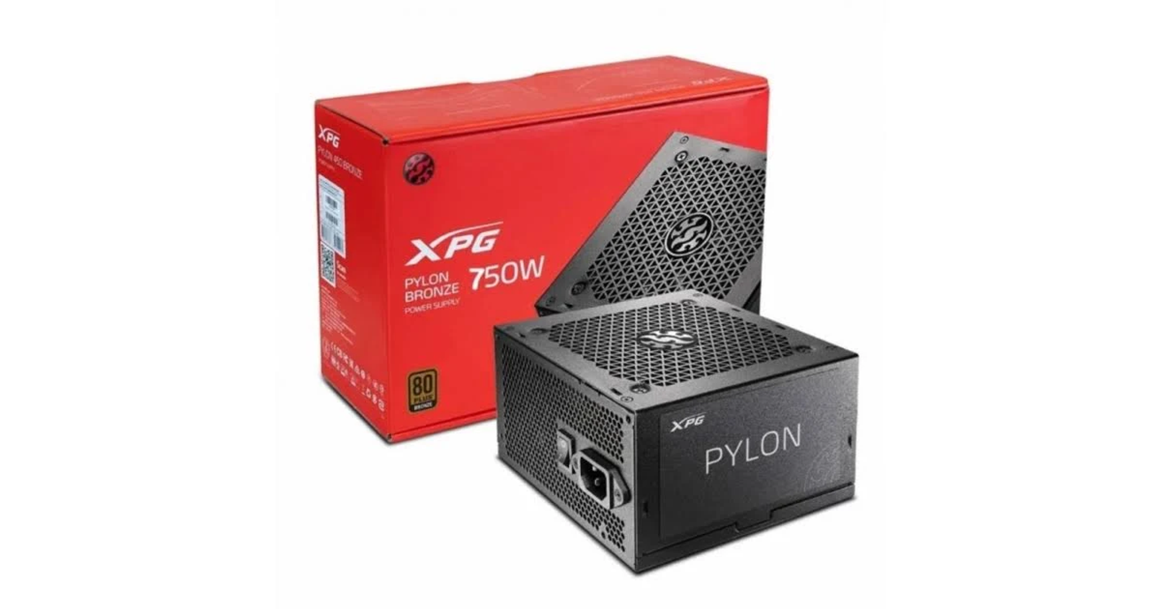 Czarny zasilacz XPG Pylon 750W z czerwonym pudełkiem. Zawiera czarny zasilacz i czerwone pudełko z białym tekstem.