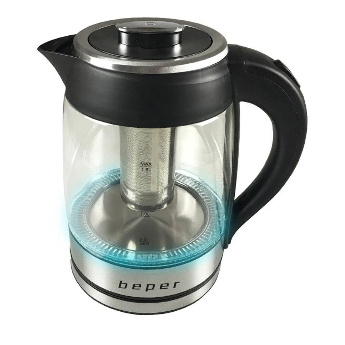 Szklany czajnik elektryczny ze stalową podstawą i filtrem w środku.