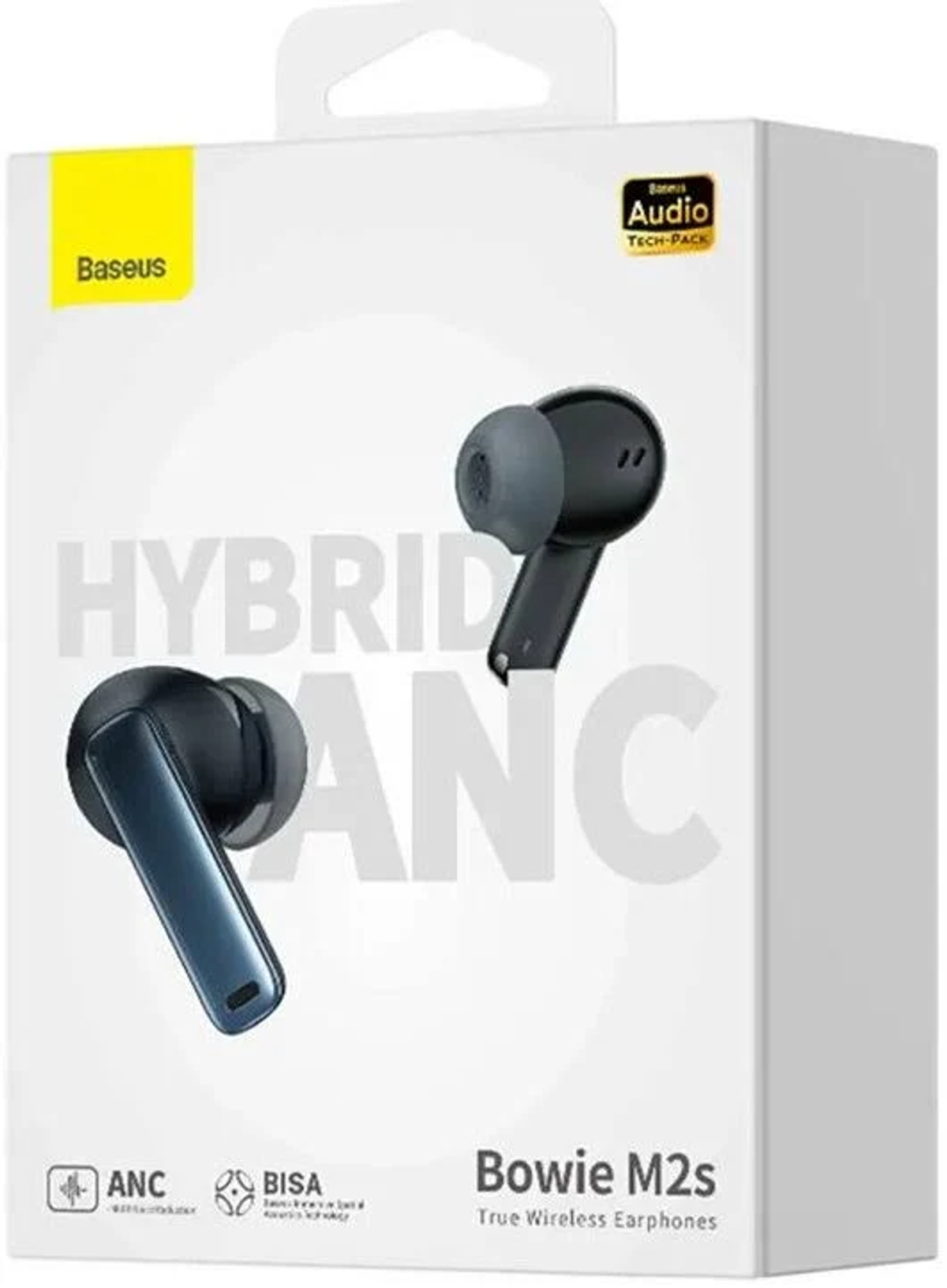 Słuchawki w pudełku, czarno-niebieski design. Białe tło.