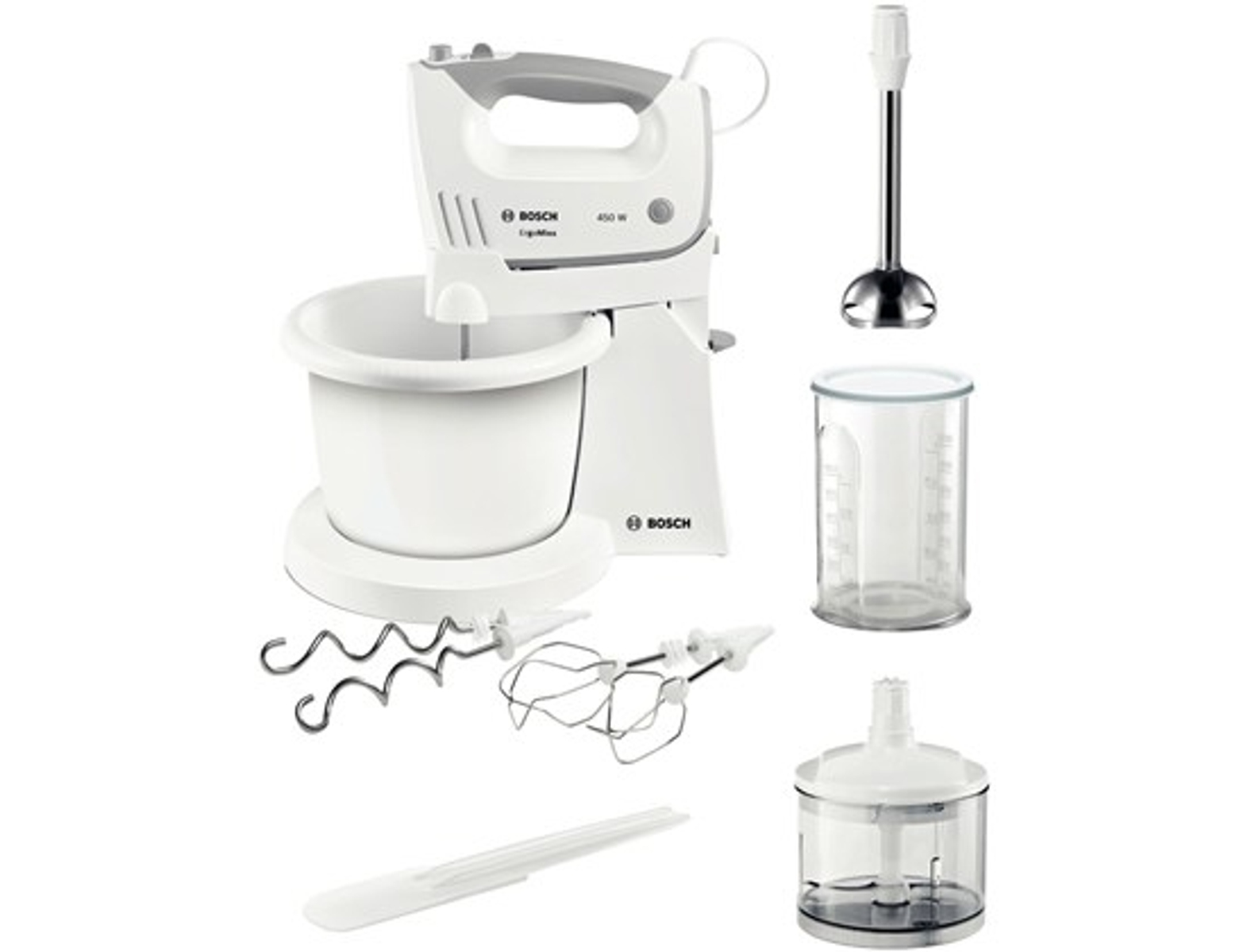 Biały mikser ręczny Bosch z nasadkami, w tym trzepaczkami, blenderem i miarką.