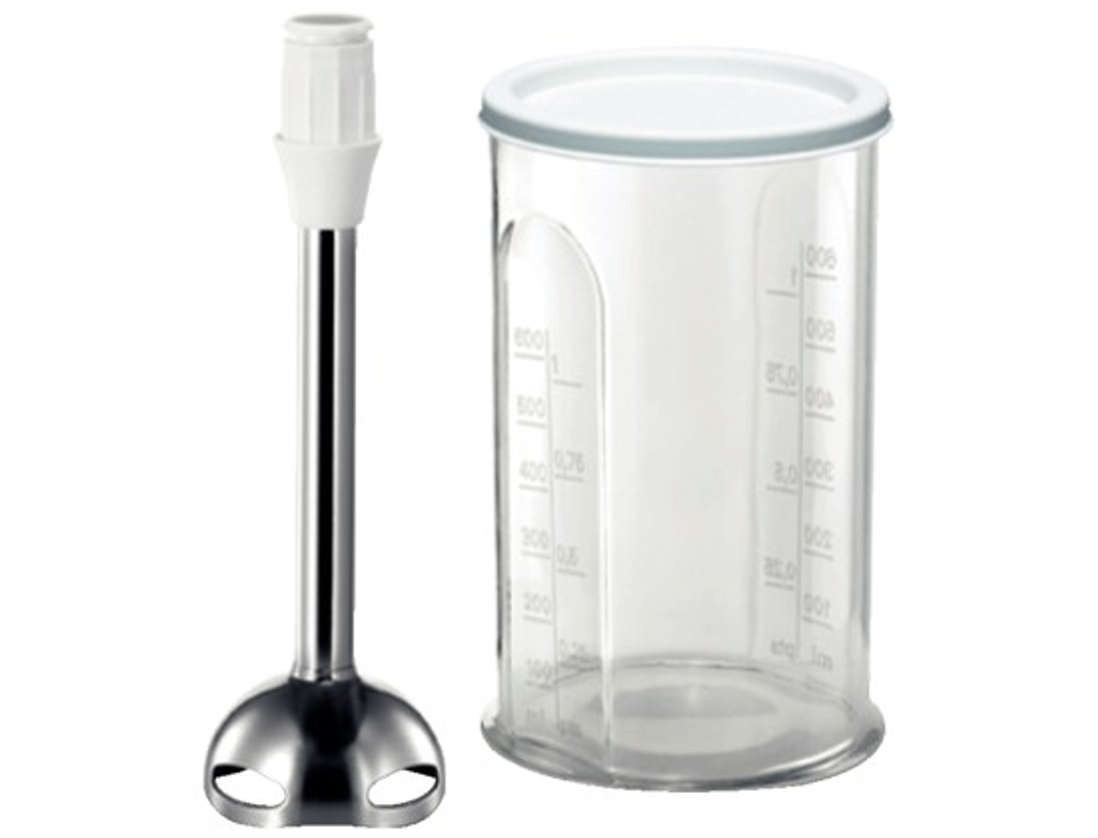 Blender i przezroczysty plastikowy kubek z miarką. Blender ma biały uchwyt.