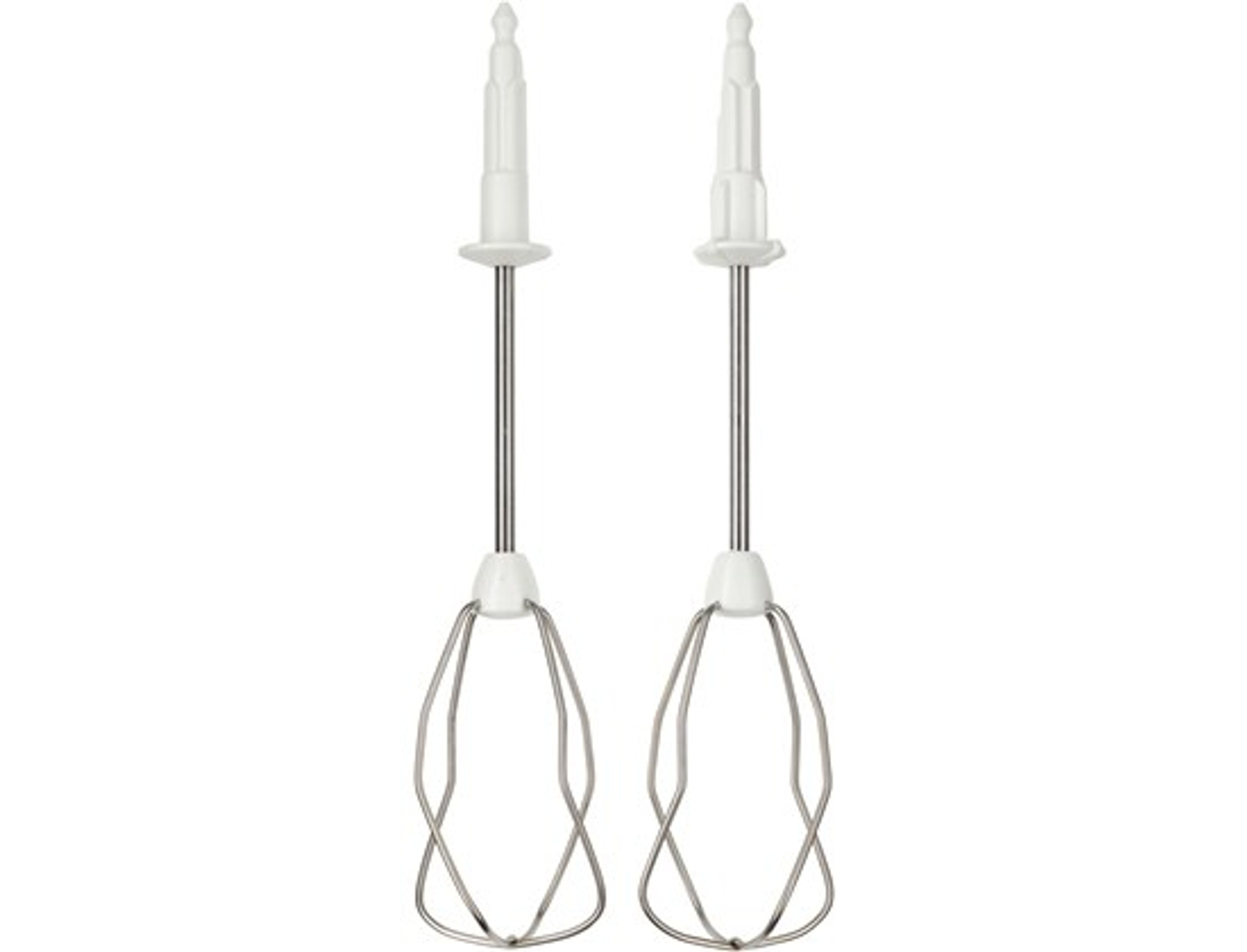 Dwa białe przystawki do miksera. Srebrna metalowa część trzepaczki i białe plastikowe przystawki.