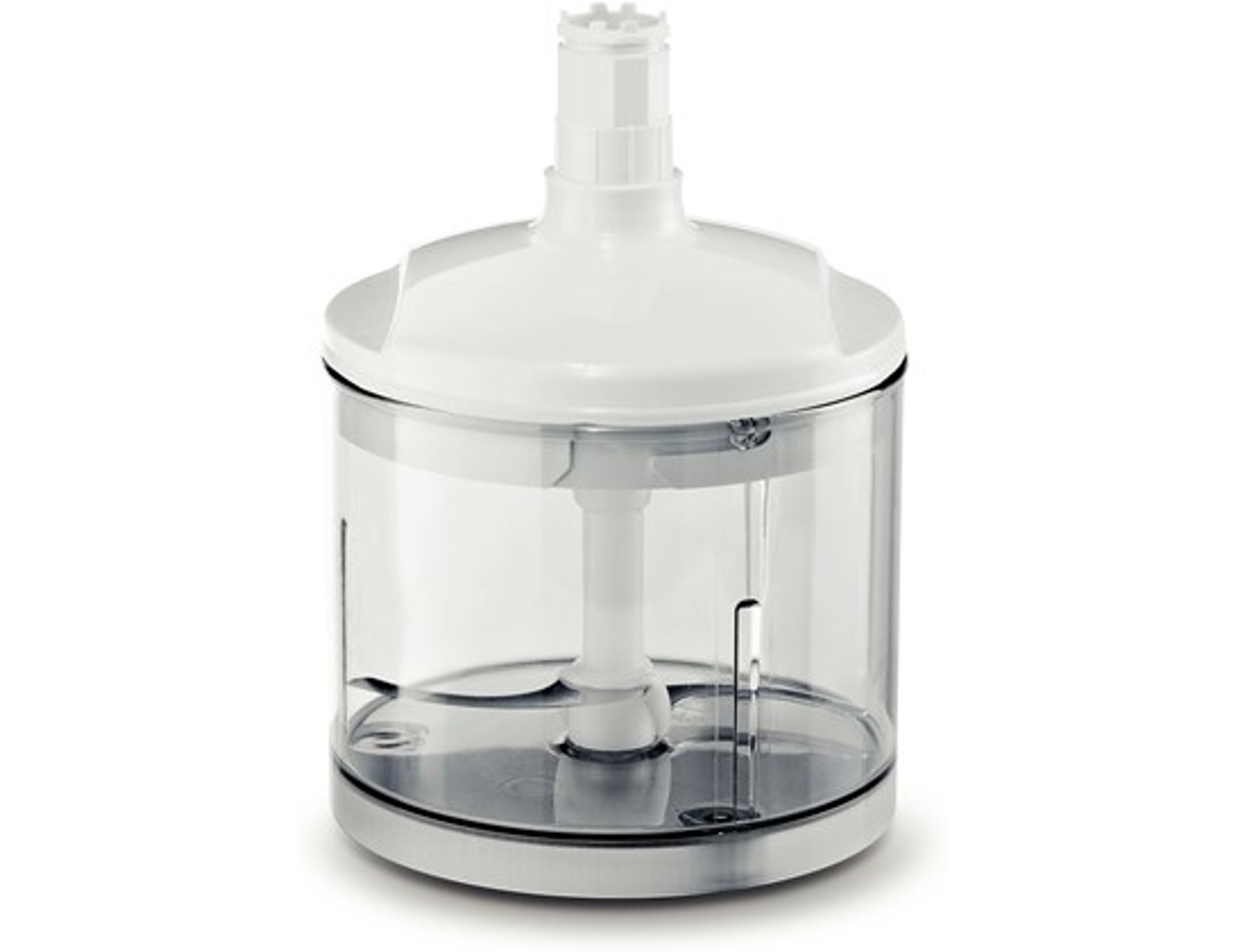 Biała podstawa blendera z przezroczystym pojemnikiem i ostrzem w środku.