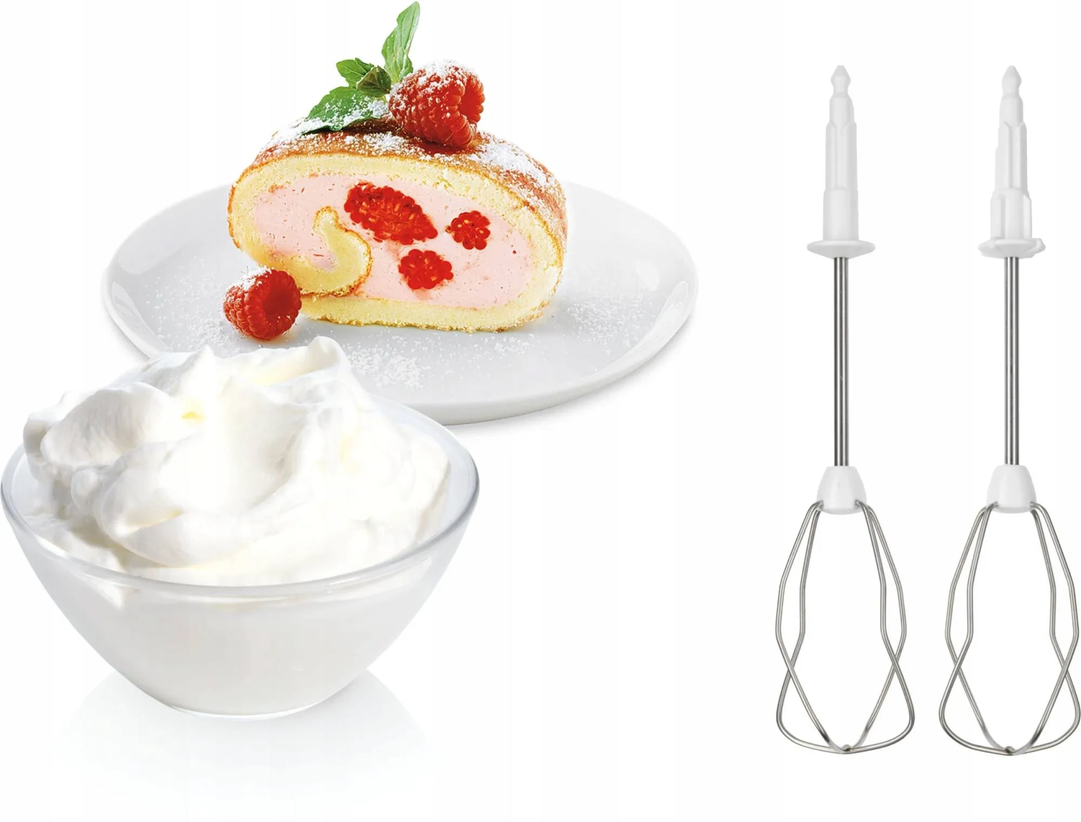 Talerz z kawałkiem ciasta i bitą śmietaną w misce z dwoma przystawkami do miksera.