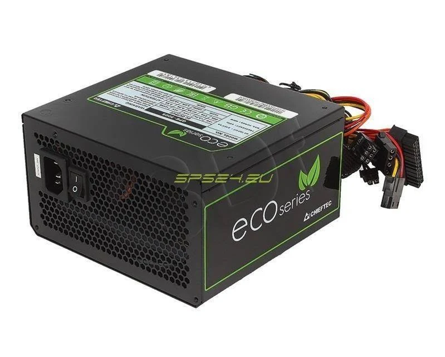 A black computer power supply with green accents. It has a fan and multiple connectors.