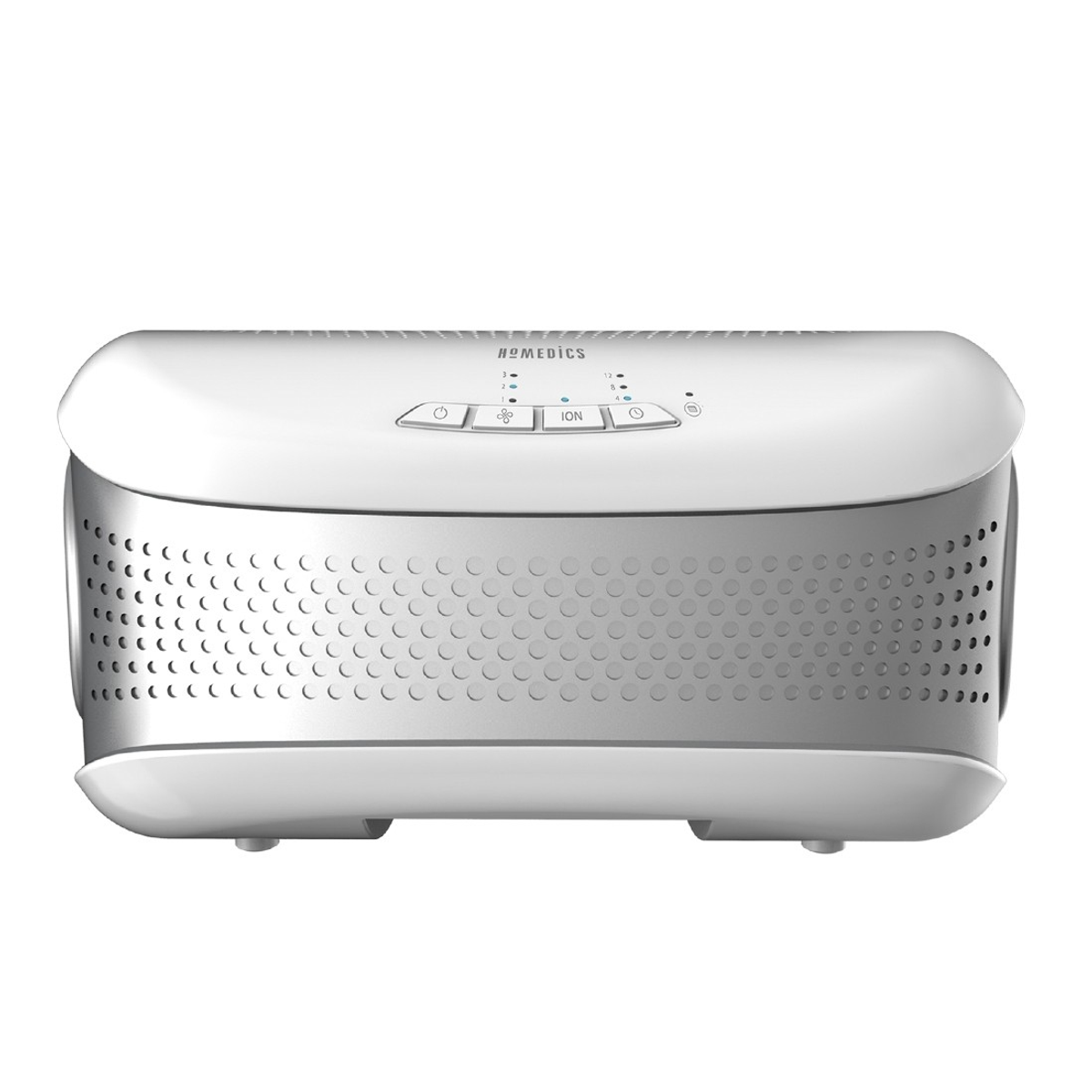 Un purificatore d'aria bianco e argento con pulsanti e spie. Il marchio è HOMEDICS.