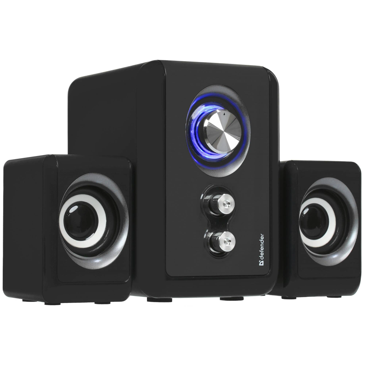 Schwarzes Lautsprecherset mit Subwoofer und zwei Satelliten.
