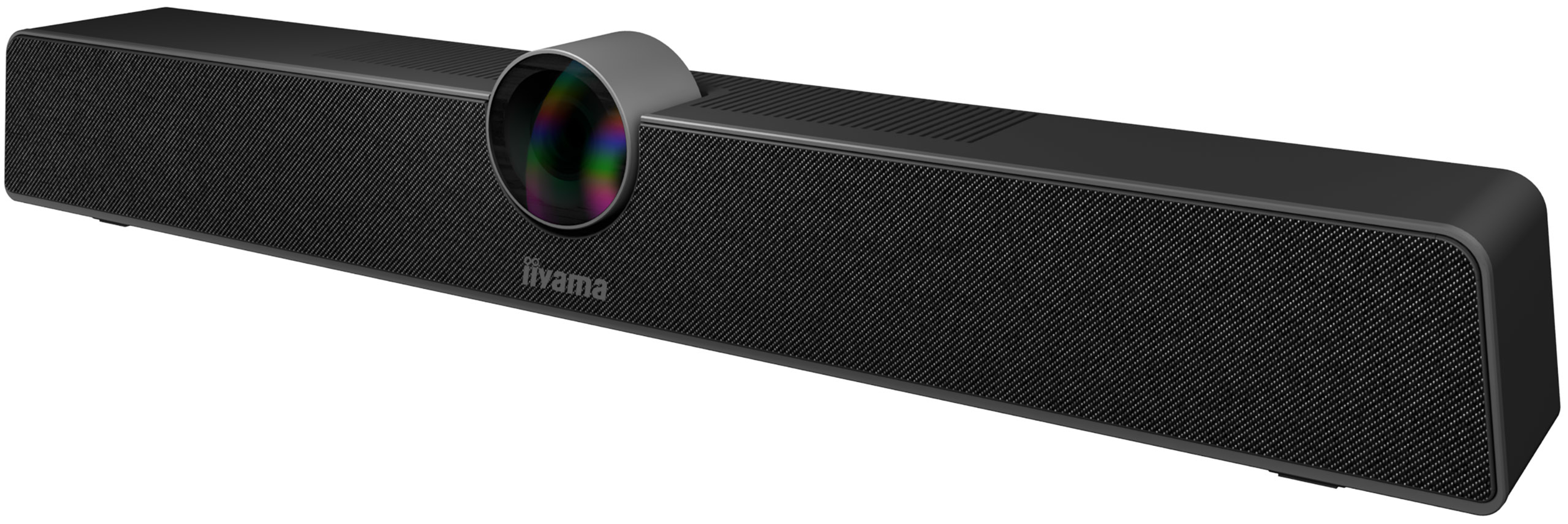 Eine schwarze Soundbar mit Kamera in der Mitte, mit dem Markennamen Ivama.