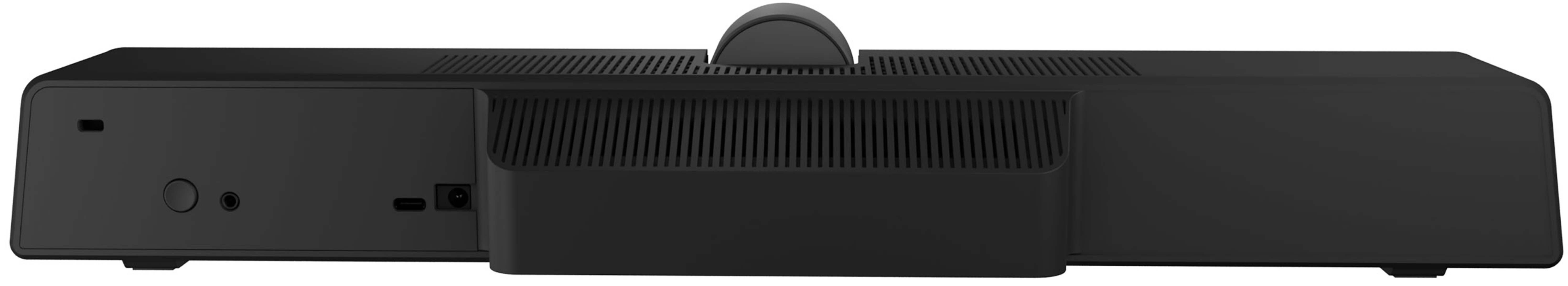 Ein langes, schwarzes Gerät mit Anschlüssen und einem Knopf, wahrscheinlich eine Soundbar, auf weißem Untergrund.