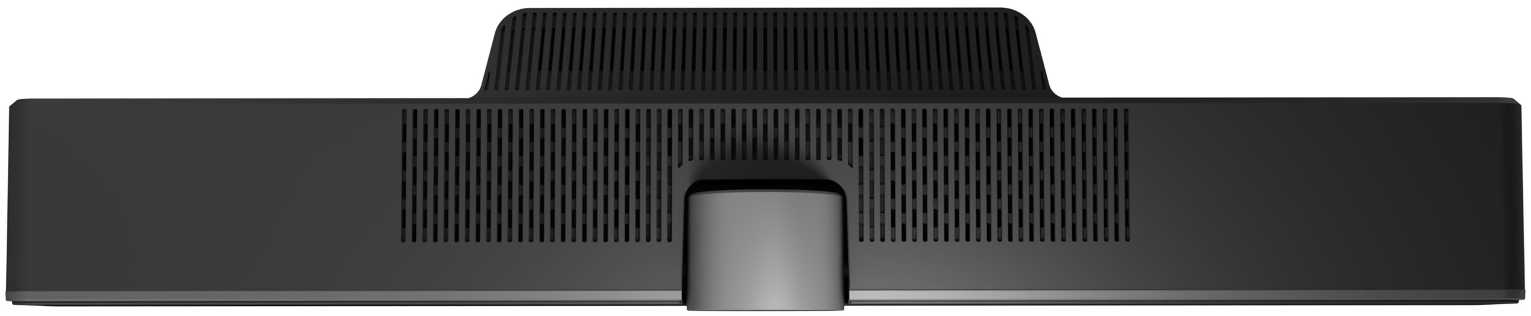 Die Rückseite eines schwarzen Computermonitors mit Lüftungsschlitzen und einem Ständer.
