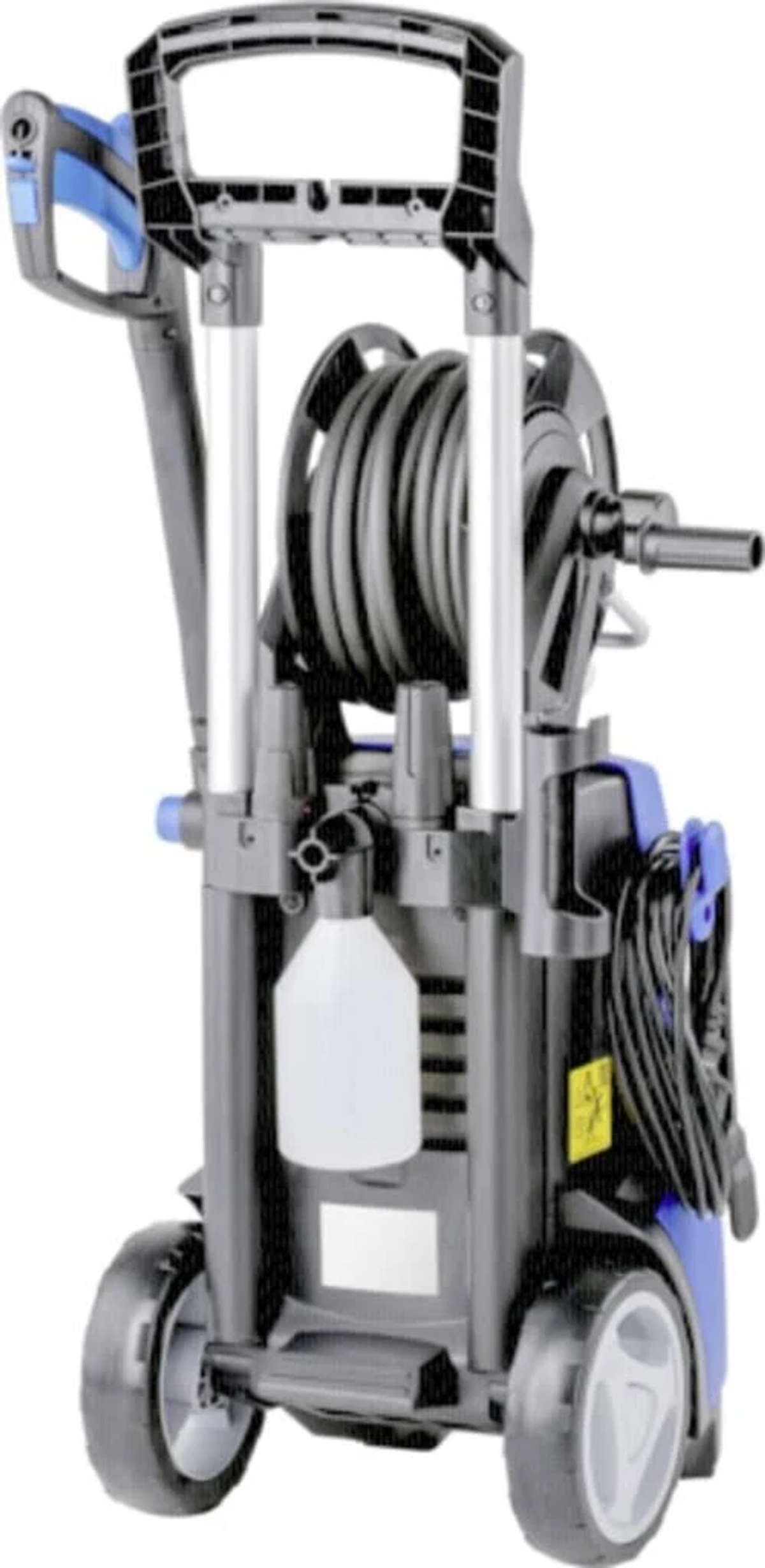 Czarno-niebieska myjka ciśnieniowa. Posiada bęben na wąż i zbiornik na wodę.