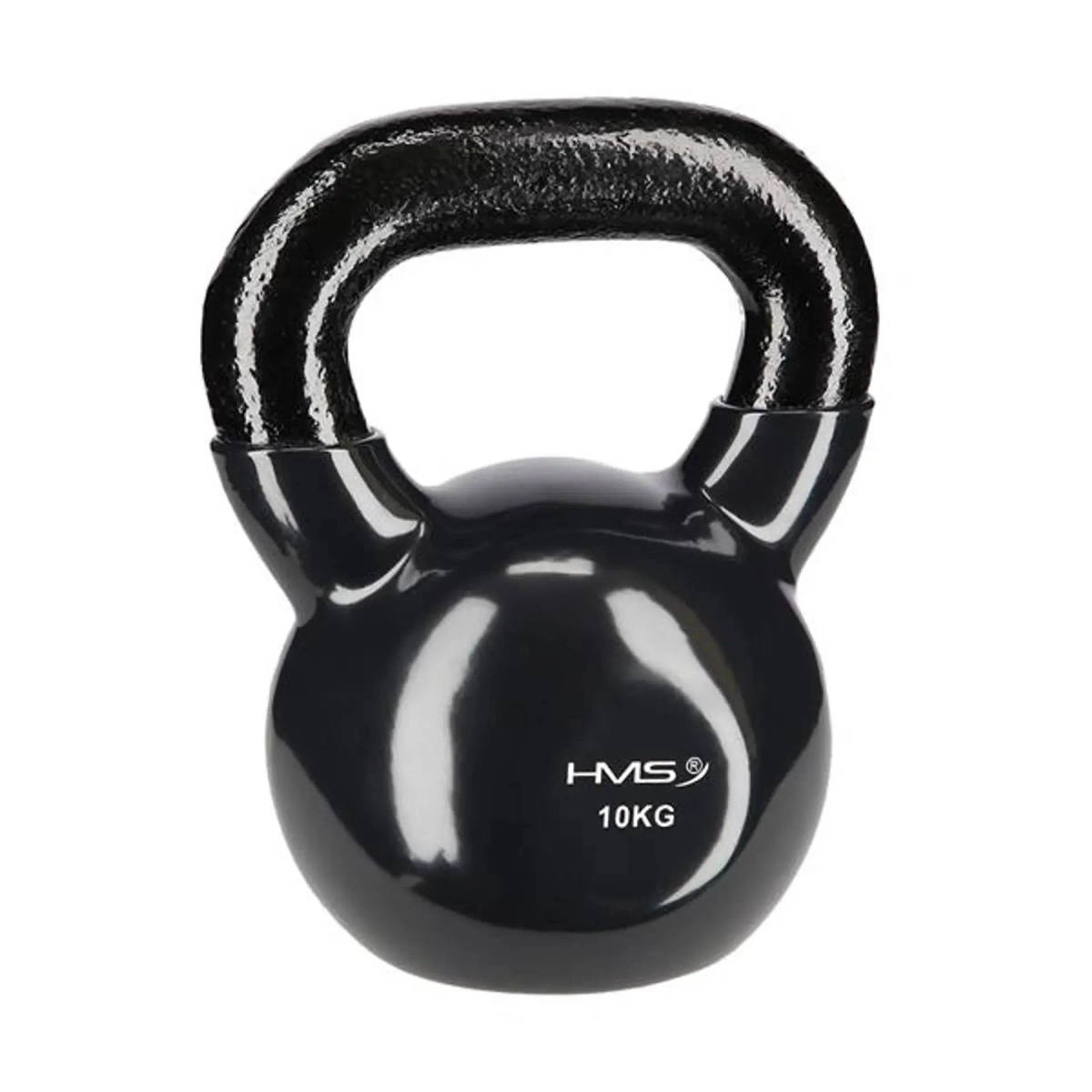 Un kettlebell nero con manico, e il testo "HMS 10KG" su di esso.