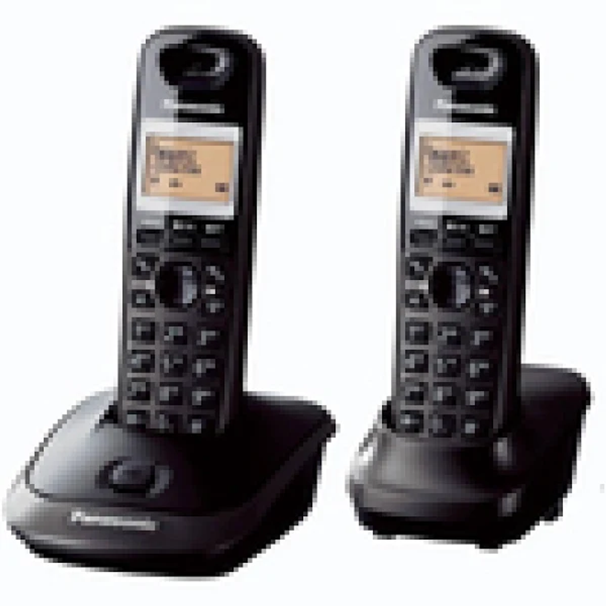 Due telefoni cordless neri su bianco. Ognuno ha schermo e tastiera.