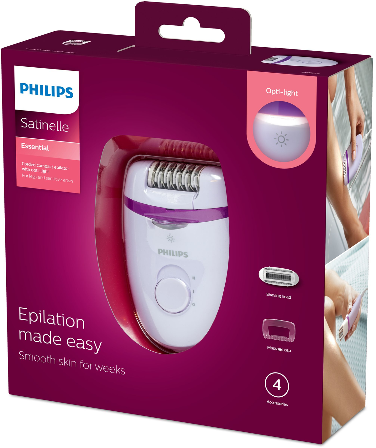 Depilator Philips w pudełku, ze zdjęciami produktu i tekstem na fioletowym tle.