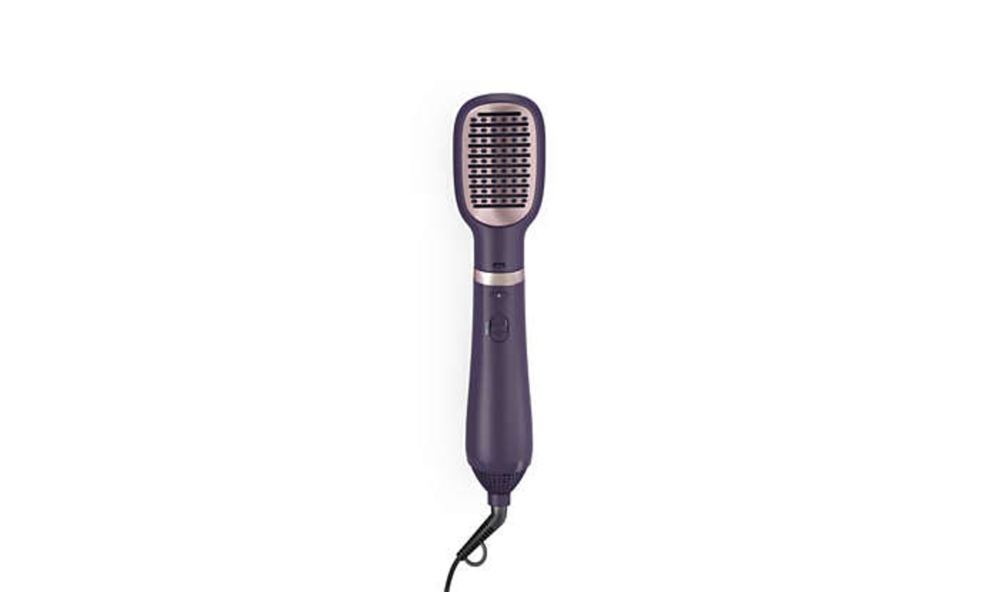 Purple hair straightening brush. It has a handle, brush, and cord. Isolated on white.