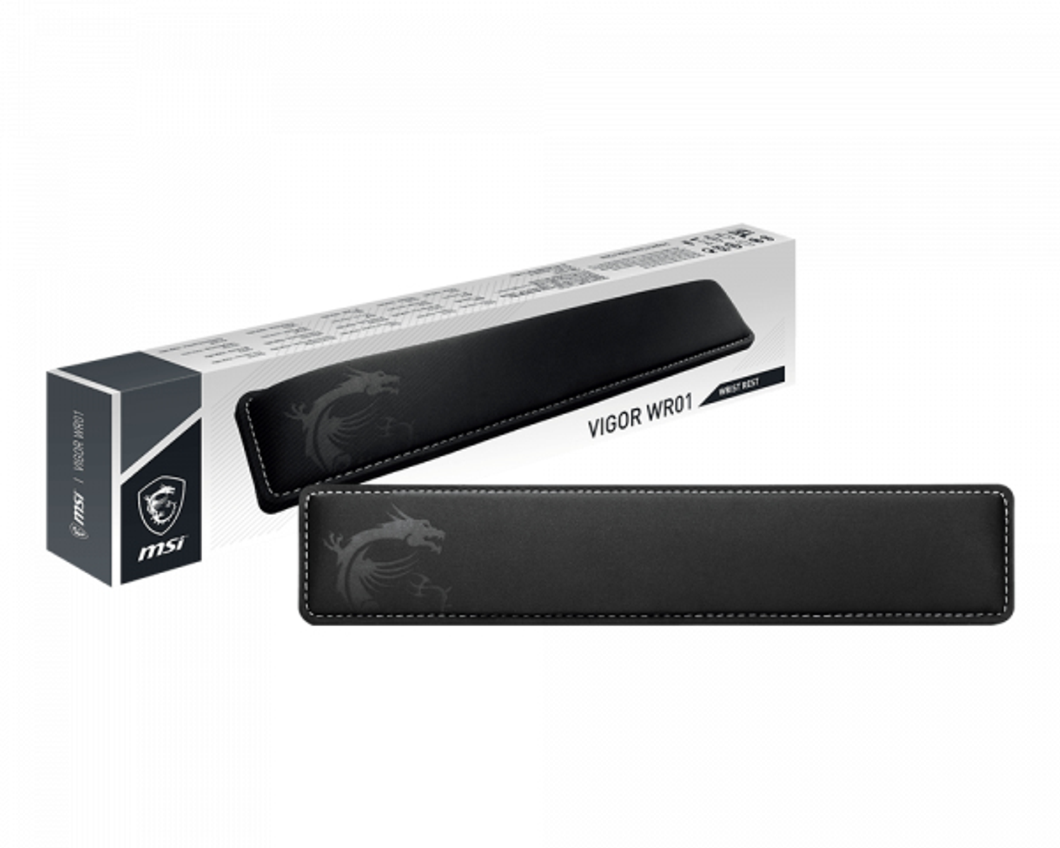 Schwarze MSI-Handgelenkauflage mit Drachenlogo und Box. Weißer Hintergrund.