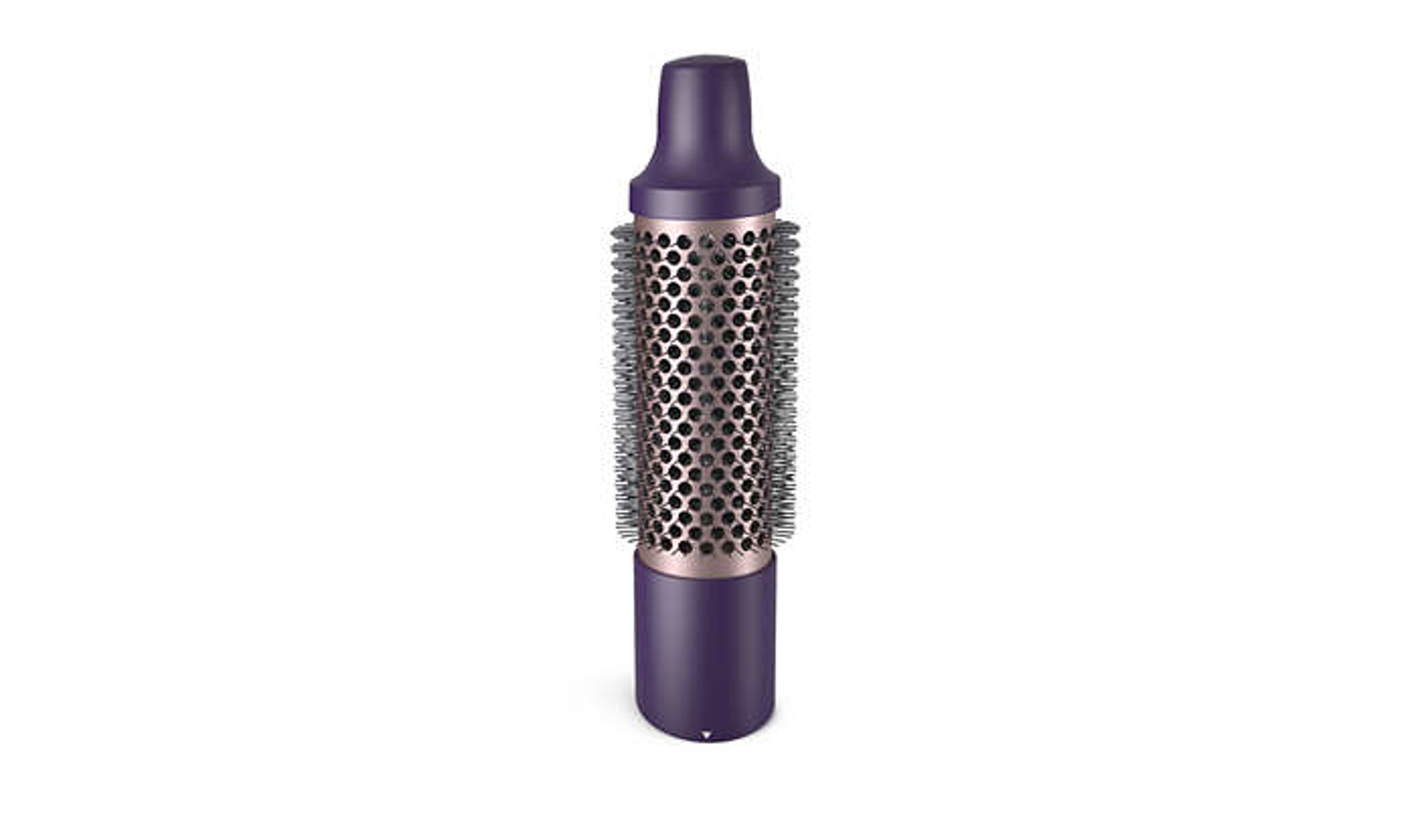 Purple and silver hair brush with a rounded head and a handle.