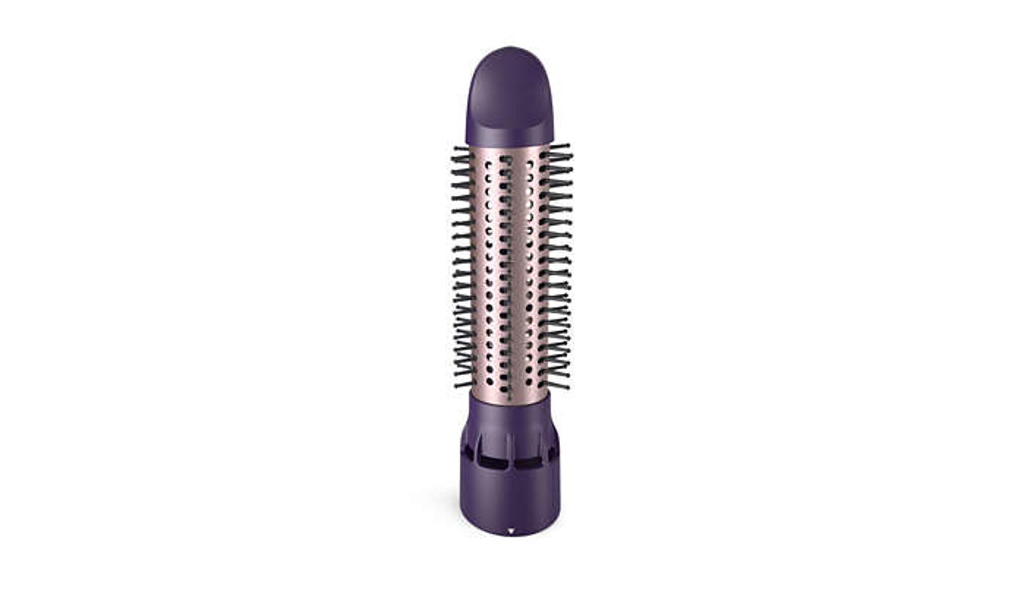 Purple and rose gold hair styling brush. It has bristles and a rotating design.