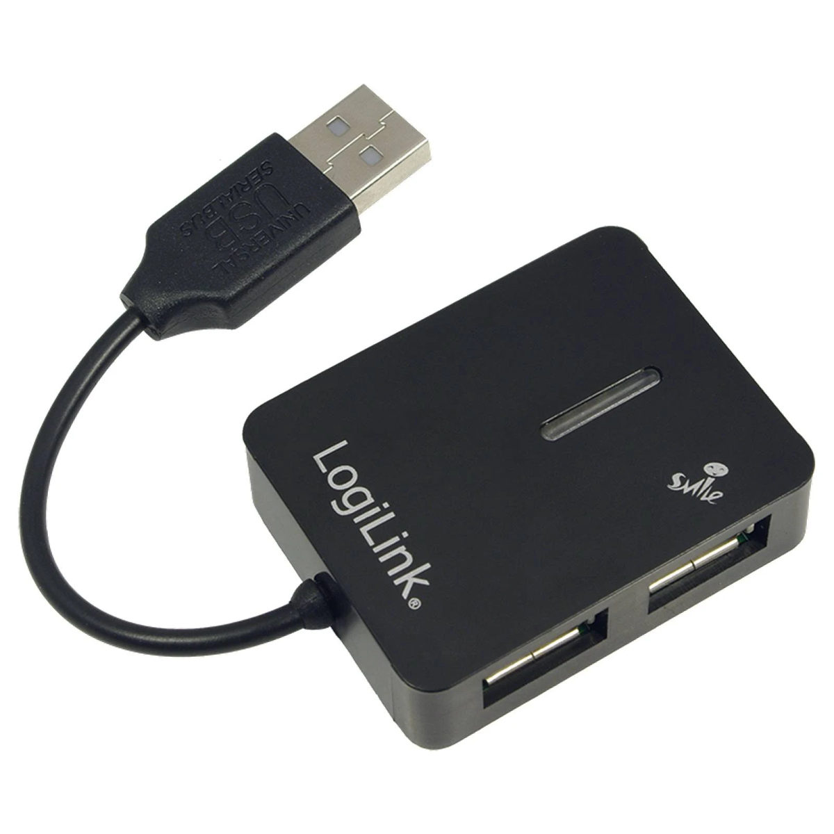 Un hub USB LogiLink nero con un cavo USB. Ha 4 porte USB e una piccola luce LED.