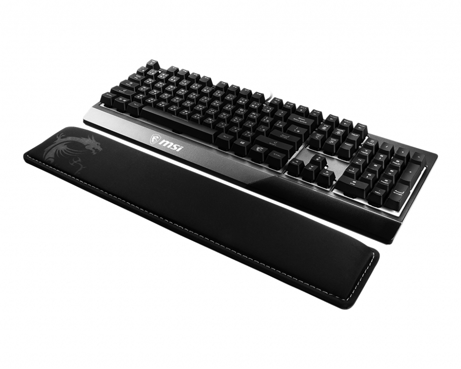 Schwarze Tastatur mit Handballenauflage, beide mit weißen Akzenten, auf weißem Hintergrund.