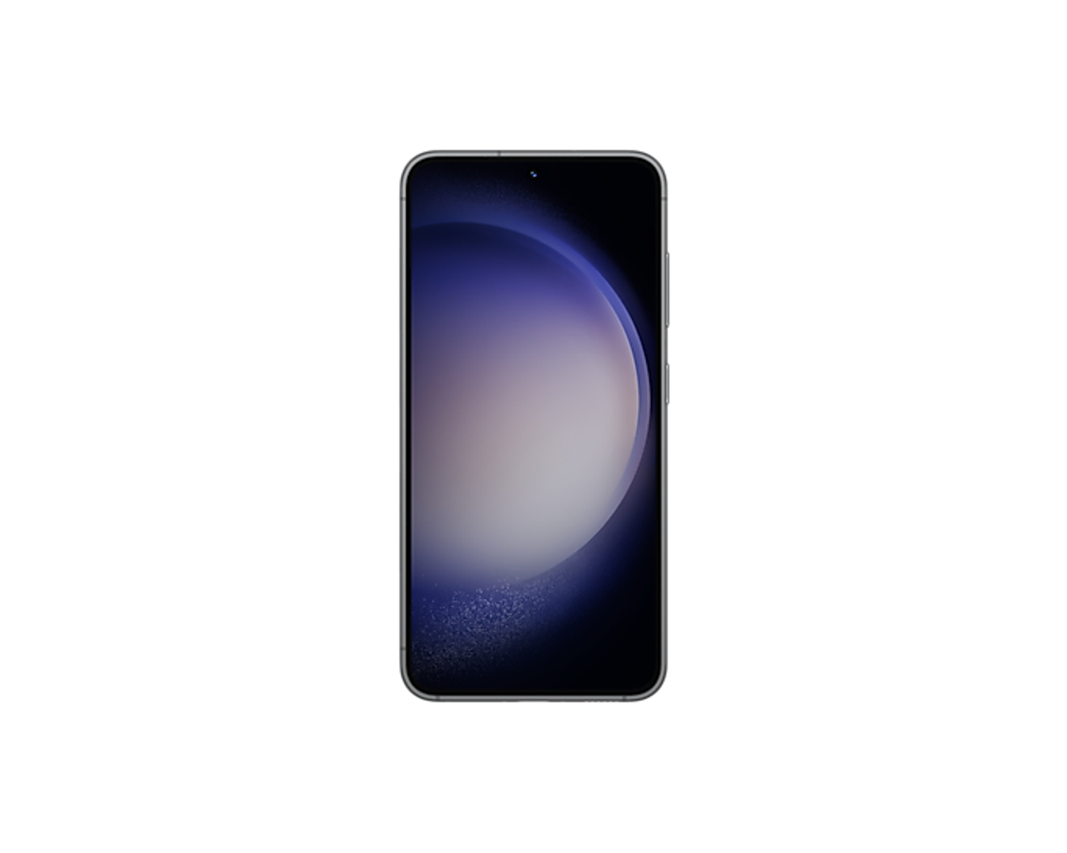 Ein schwarzes Smartphone mit großem Bildschirm auf weißem Hintergrund. Der Bildschirm ist an.