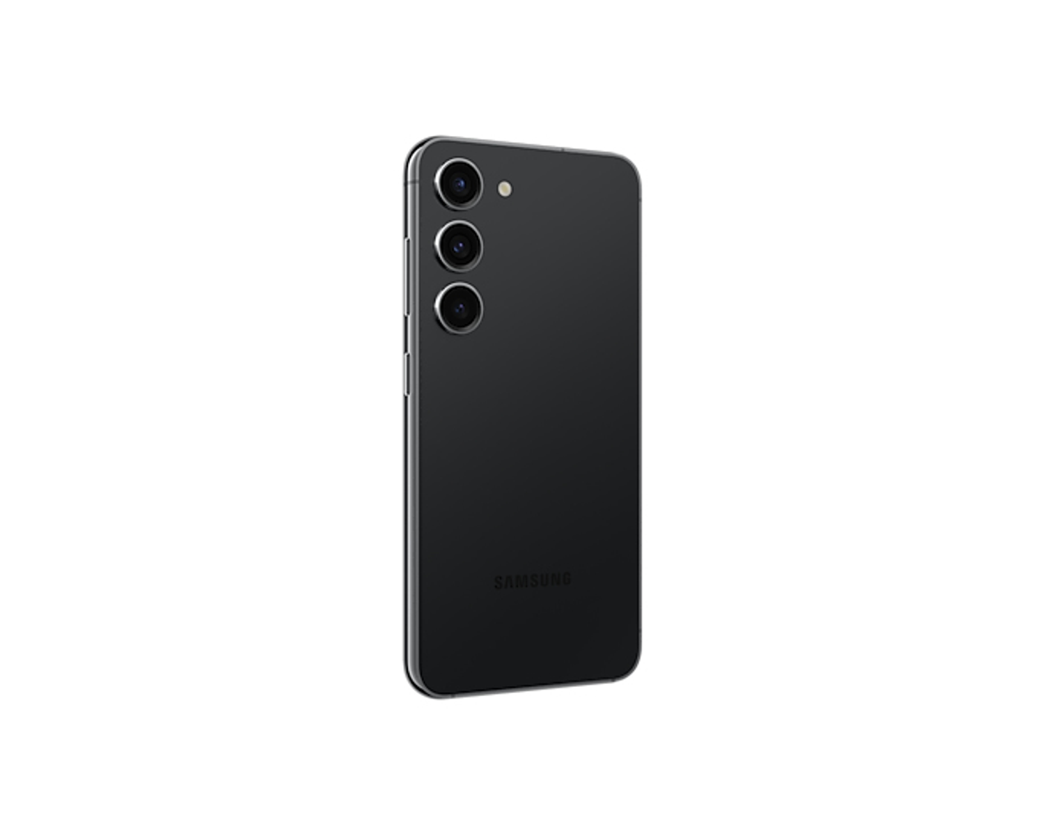 Rückseite eines schwarzen Smartphones mit drei Kameralinsen und einem silbernen Rahmen, nach links abgewinkelt.