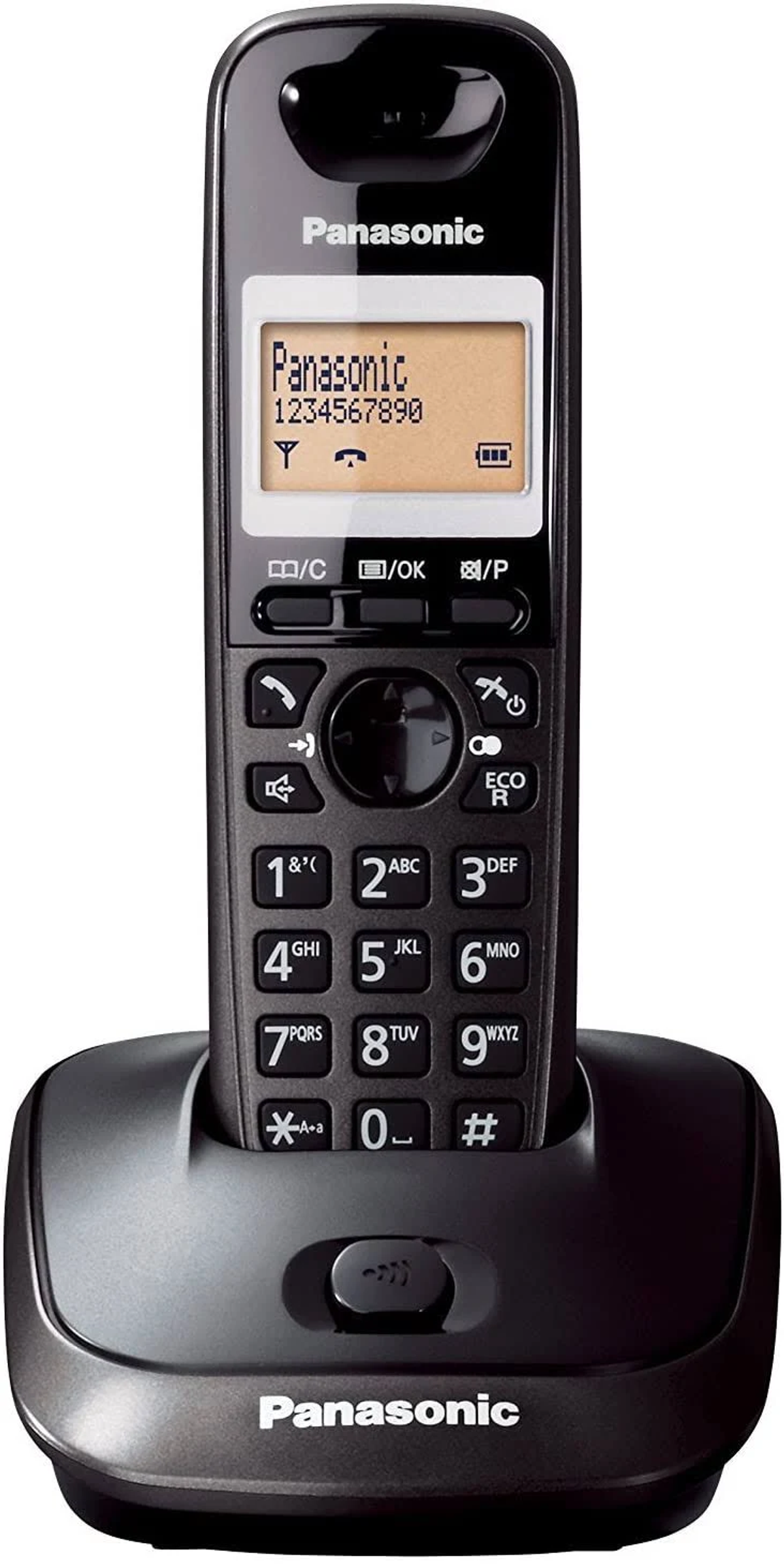 Telefono cordless Panasonic nero con base. Schermo LCD mostra numeri e icone. Sfondo bianco.