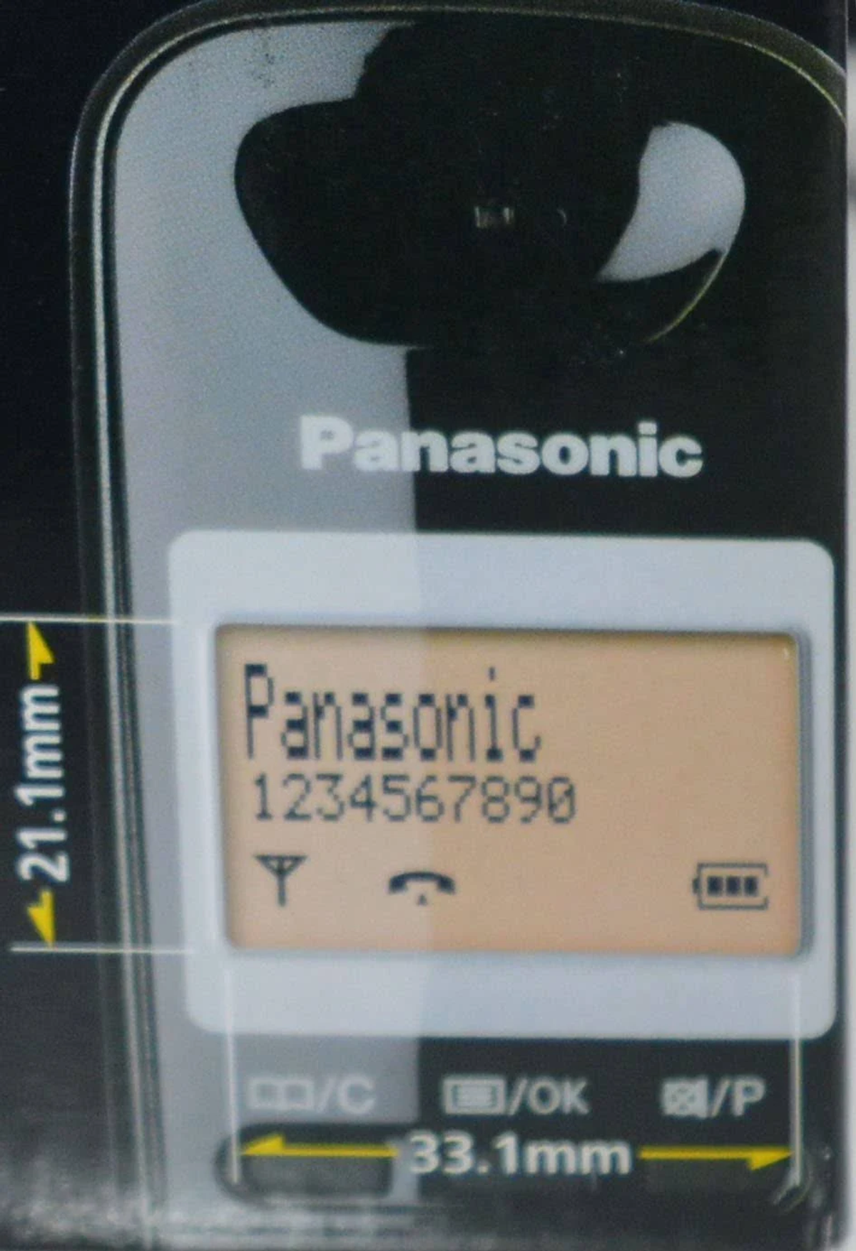 Display del telefono Panasonic. Visualizza il numero di telefono 1234567890, con icone del segnale e della batteria.