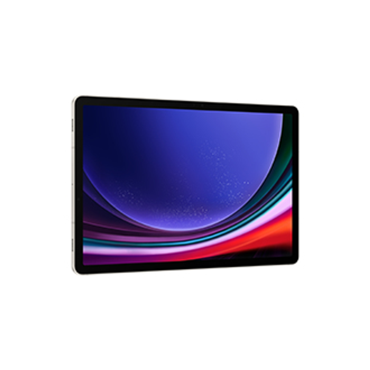 Tablet mit farbenfrohem Bildschirm. Der Bildschirm zeigt einen Blau- und Lilafarbverlauf mit rotem und grünem Boden.