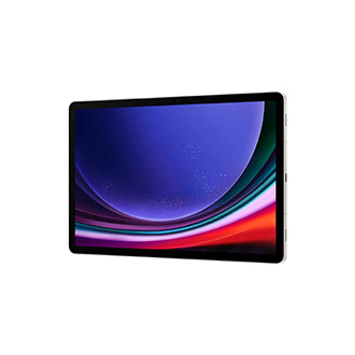 Tablet mit schwarzem Rahmen und einem Bildschirm, der farbenfrohe abstrakte Kunst zeigt. Das Tablet ist horizontal.