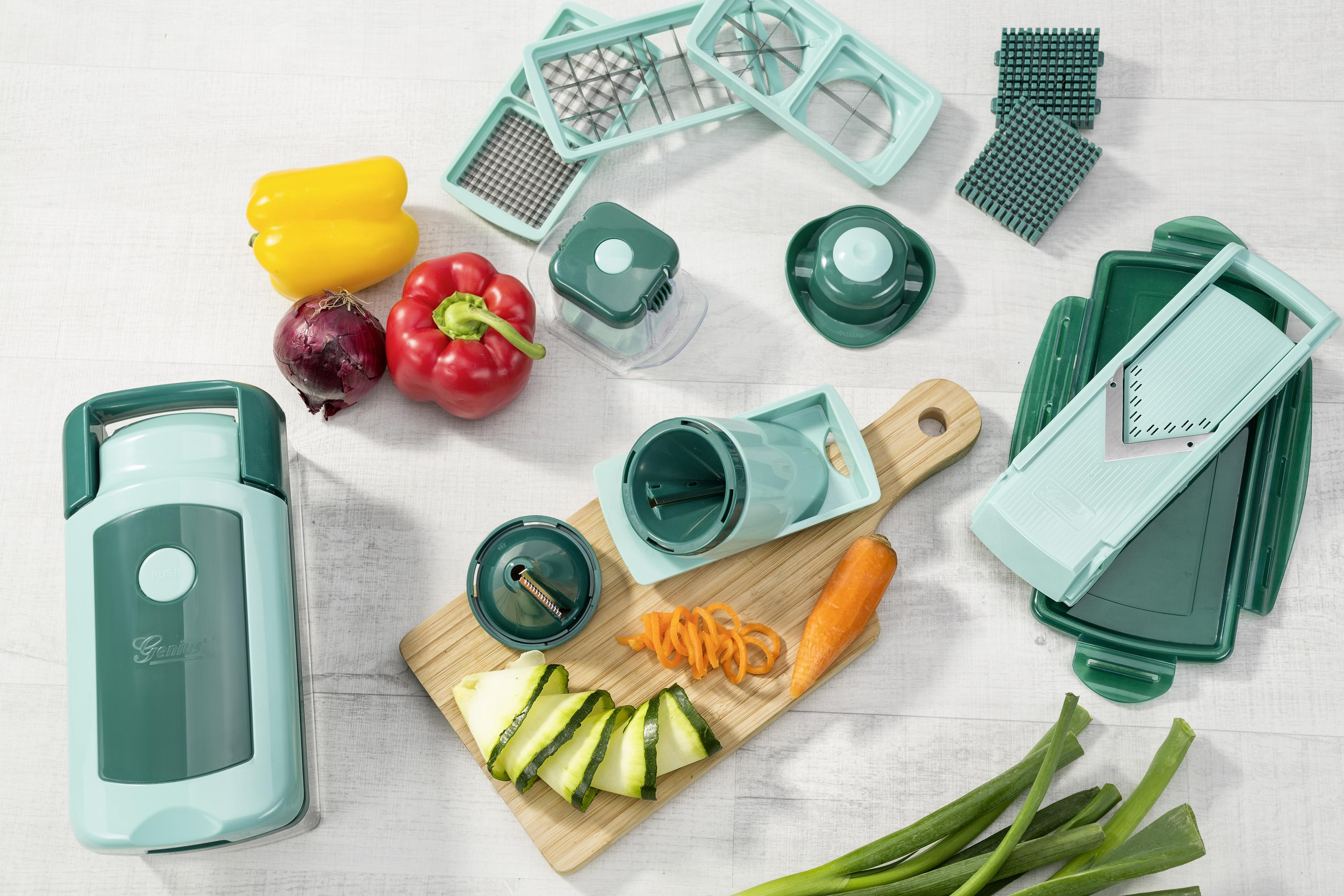 Genius Nicer Dicer Fusion Smart | 34 pezzi | Con Nicer Twist | Taglia-tutto | Fettine | Cubetti | Julienne | Spirali | Mandolina per frutta e verdura