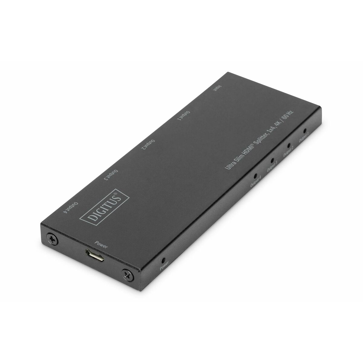 Ein schwarzer HDMI-Splitter. Er hat mehrere Ausgangsanschlüsse und ist mit 'Ultra Slim' beschriftet. Weißer Hintergrund.