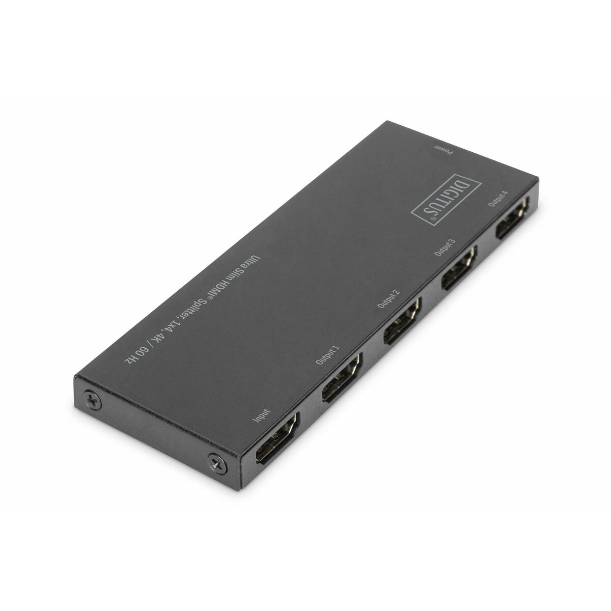 Schwarzer HDMI-Splitter auf weißem Hintergrund. Er hat mehrere Anschlüsse mit der Aufschrift 'Input' und 'Output'.