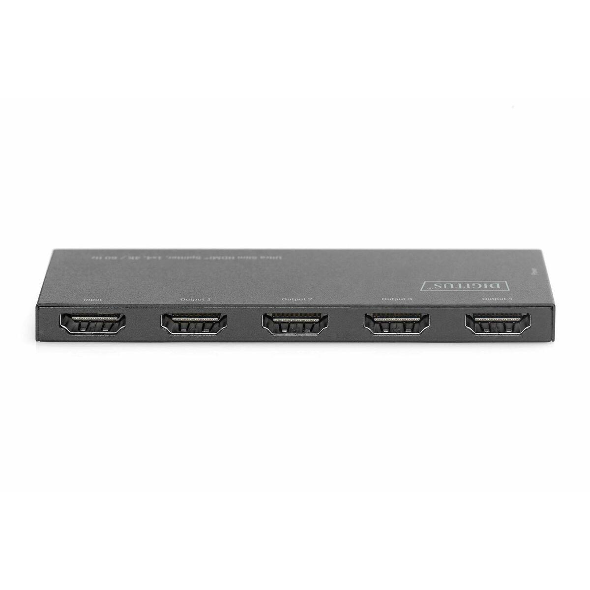 Schwarzer HDMI-Splitter mit Ein- und Ausgangsanschlüssen, auf weißem Grund.