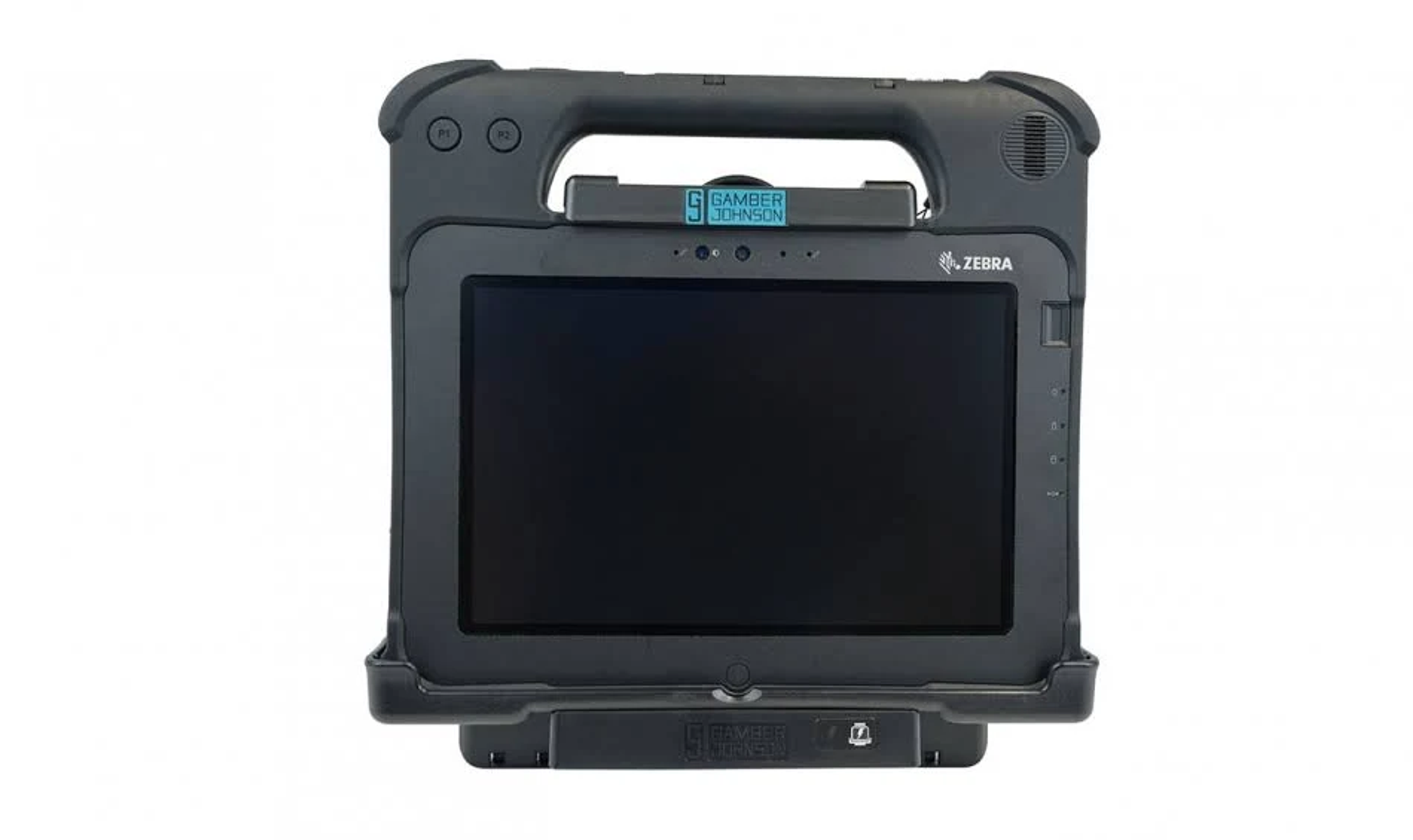 Robustes Tablet mit schwarzem Bildschirm. Es hat einen Griff und befindet sich in einem Schutzgehäuse. Weißer Hintergrund.